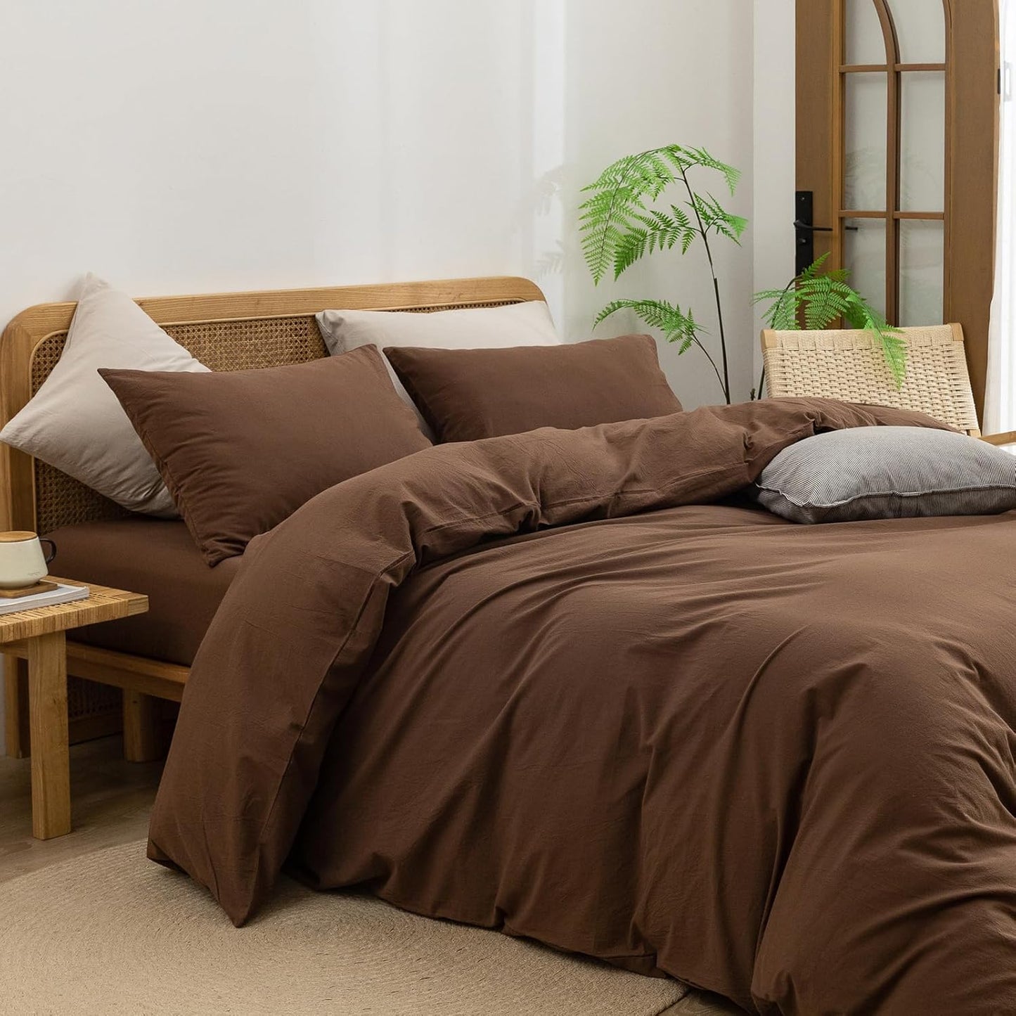 BESTOUCH Duvet Cover Set 100% Washed Cotton Linen Feel Super Soft Comfortable Chic Lightweight 3 PCs Home Bedding Set Solid Cocoa Brown Super King Plus