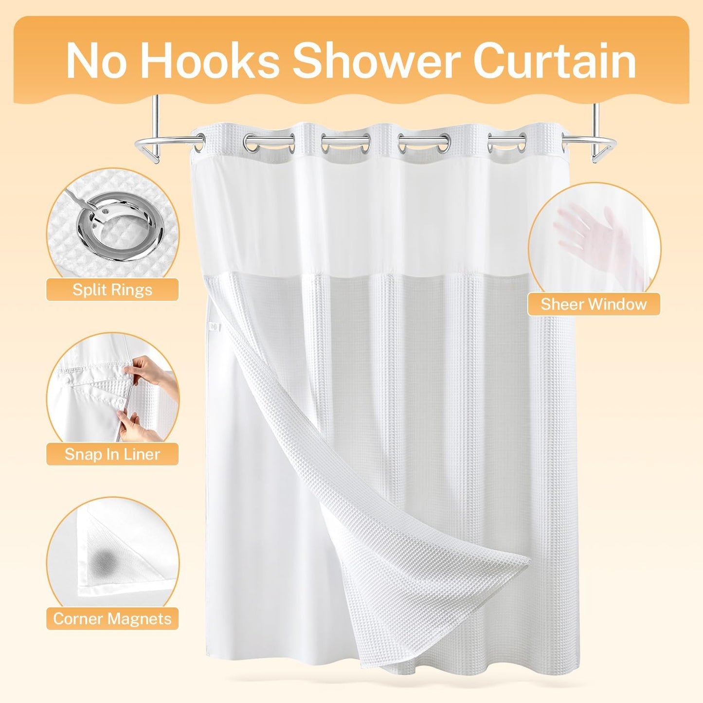River Dream White Fabric Shower Curtain Set, Cotton Blend, Waffle Weave, with Snap in Replacement Liner，71 x 74 inches