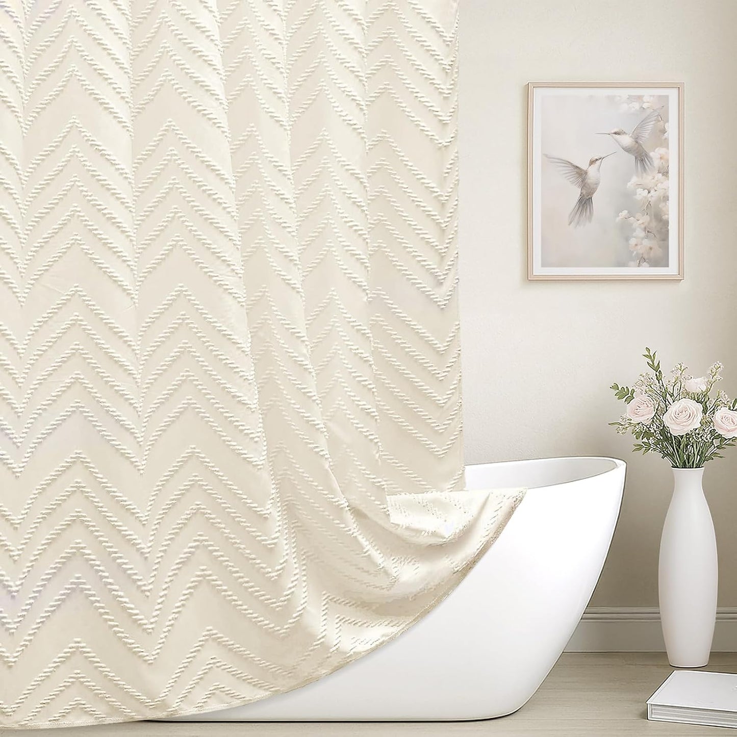 Extra Long Cream Shower Curtain 72 x 84 Boho Farmhouse Shower Curtain Tufted Chevron Textured Striped Minimalist Shower Curtains