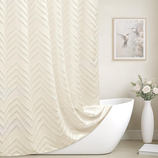 Extra Long Cream Shower Curtain 72 x 84 Boho Farmhouse Shower Curtain Tufted Chevron Textured Striped Minimalist Shower Curtains