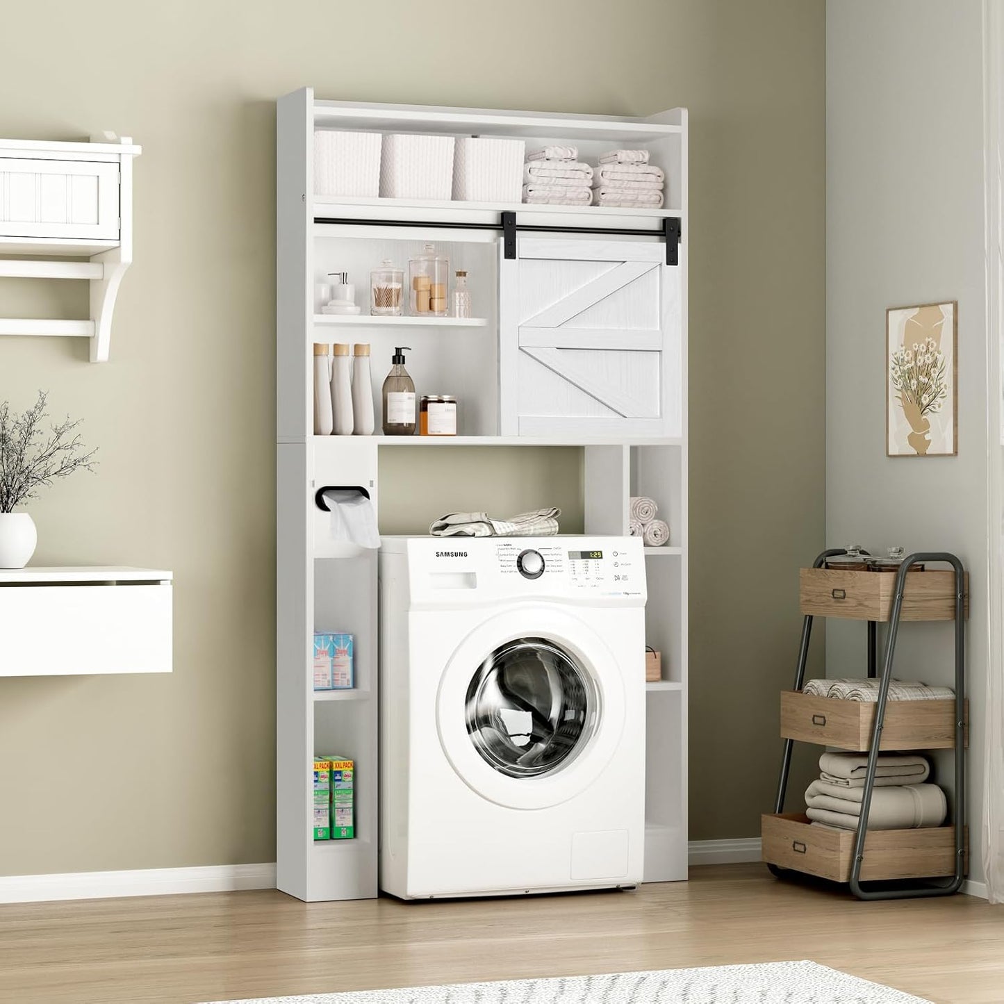 Over The Toilet Storage Cabinet, 32.5'' Wide Bathroom Storage Cabinet with Sliding Barn Door, Freestanding Over Toilet Storage Shelf, White