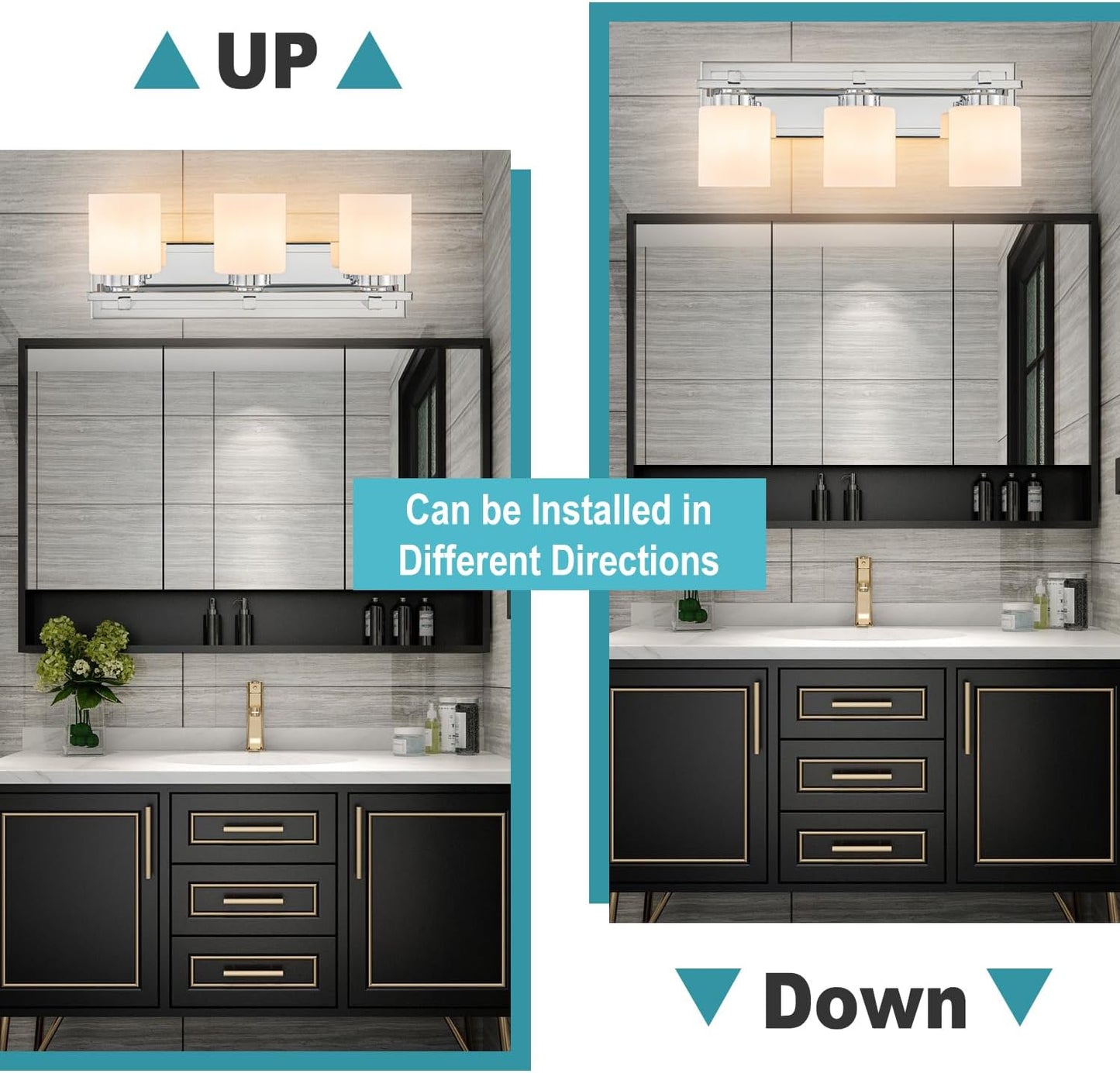 3 Light Modern Bathroom Light Fixtures Over Mirror, Chrome Vanity Lights for Bathroom Wall Sconces with Milky White Glass Shades, E26 Socket (Bulbs Not Included)