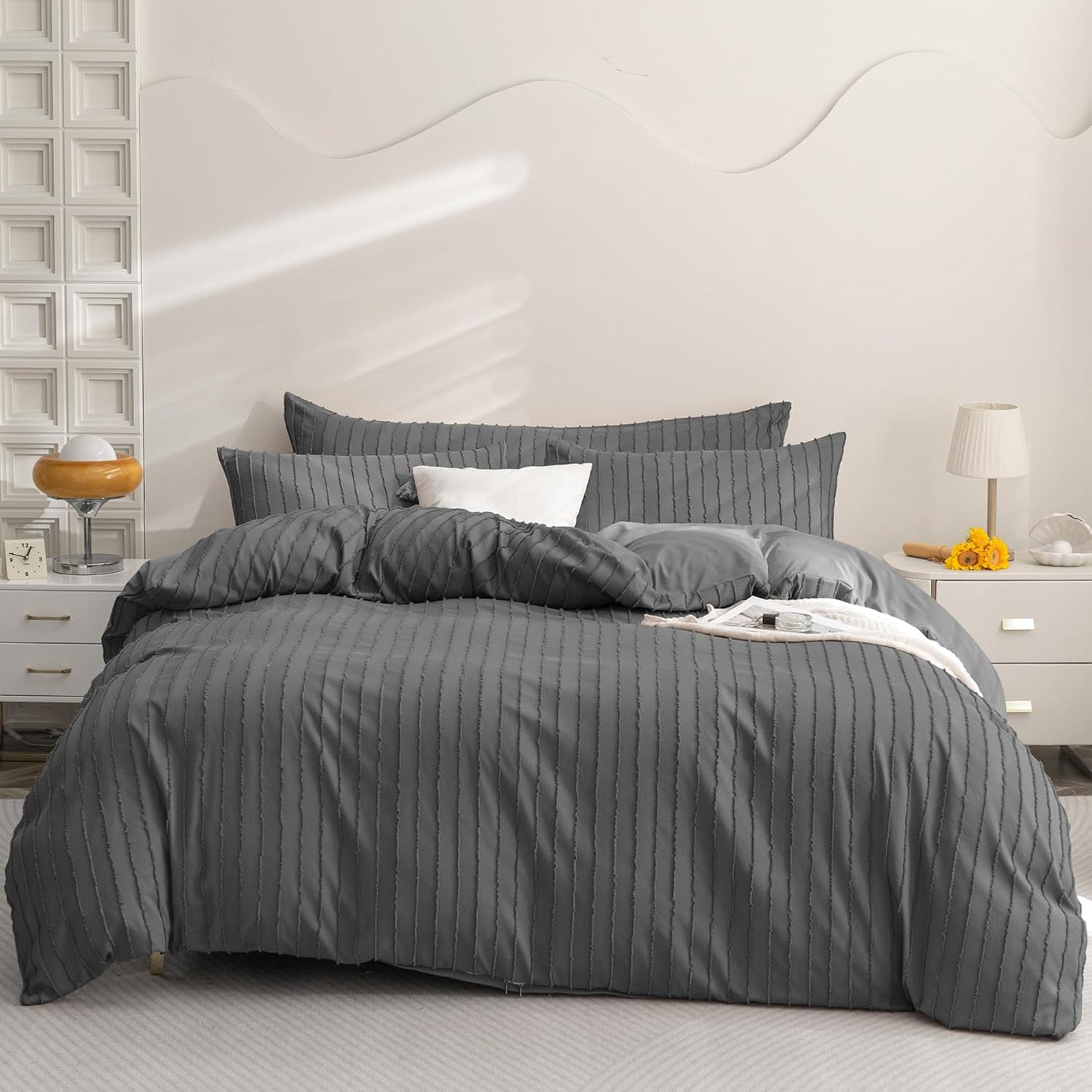 JELLYMONI Duvet Cover Queen Size Dark Grey - 3PCS Boho Striped Duvet Cover Set Polyester Tufted Bohemian Textured Comforter Cover 90×90in with Corner Ties & Zipper and 2 Pillowcases