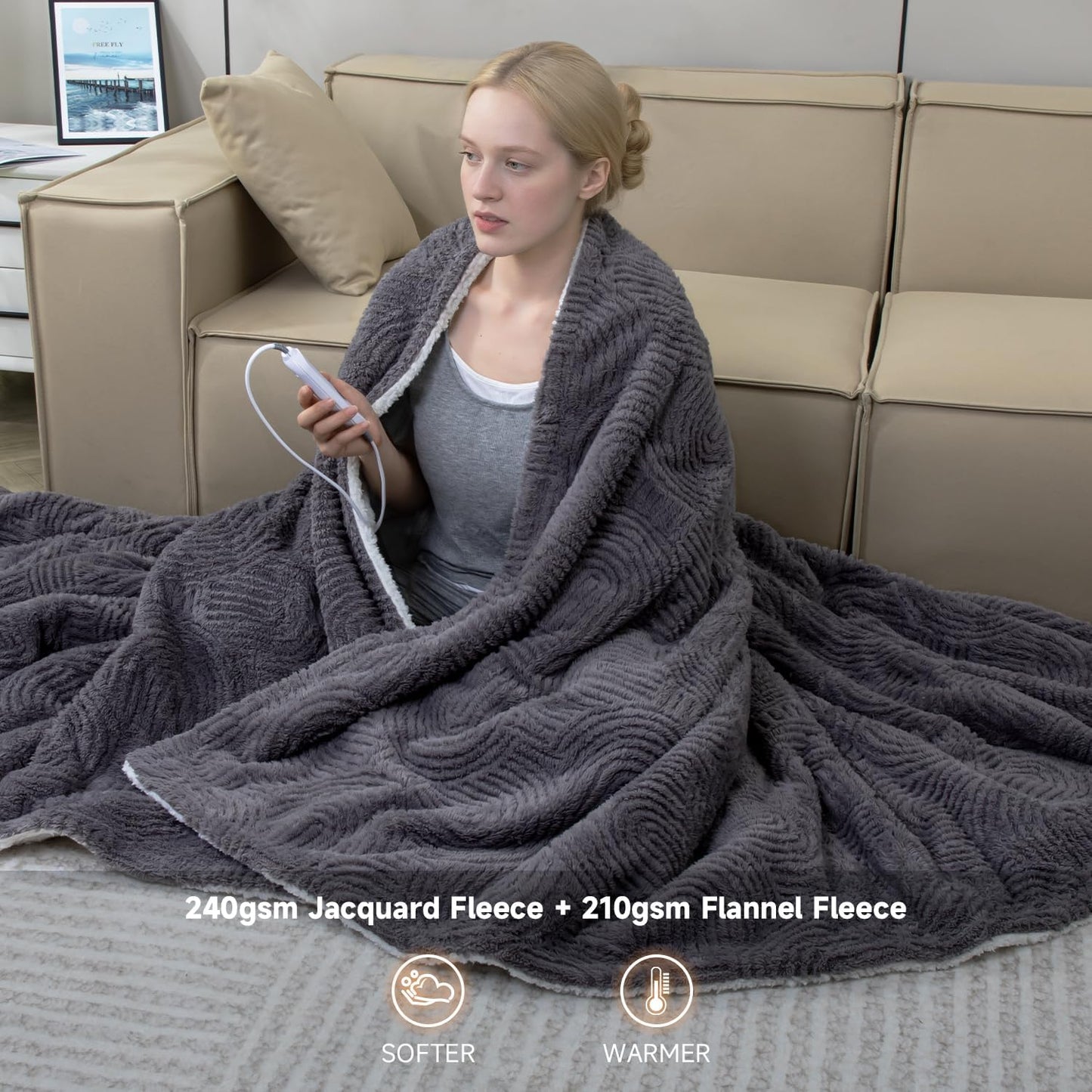 Heated Blanket Queen Size - 84"x90" Cozy Soft Jacquard Heating Blanket with 4 Heat Levels & 10 Hours Auto-Off, Jacquard Fleece, Overheating Protection, Warm Gifts, Grey