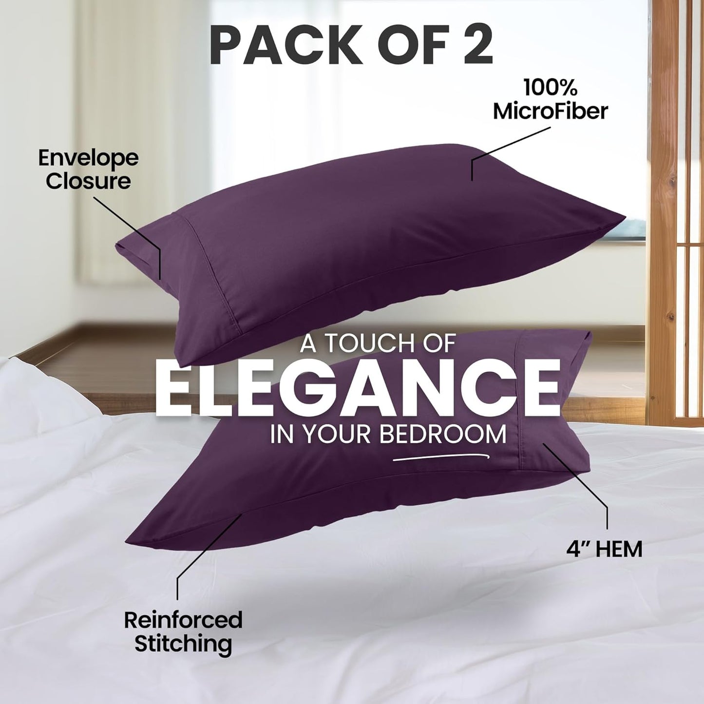 Pillow Covers by Utopia Bedding - Queen Size 2-Pack – Soft Brushed Microfiber – Perfect for Hospitals, Hotels, Guest Rooms – Oeko-TEX Certified, 20x30 Inches (Dark Purple)