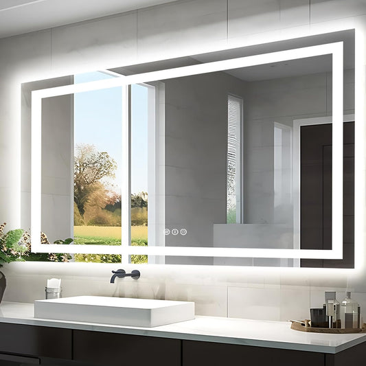 55"x30" LED Bathroom Mirror, Front & Backlit, Anti-Fog Vanity Mirror with Dimmable Lights, 3 Colors Smart Mirror (Horizontal/Vertical)