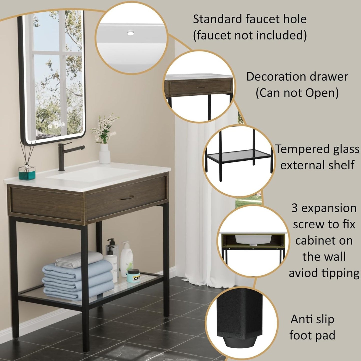 30 Inches Bathroom Vanity with Resin Sink, Single Sink Modern Cabinet Set, Stainless Steel Frame with Tempered Glass Open Shelf, Freestanding Bathroom Storage Cabinet Combo, Black