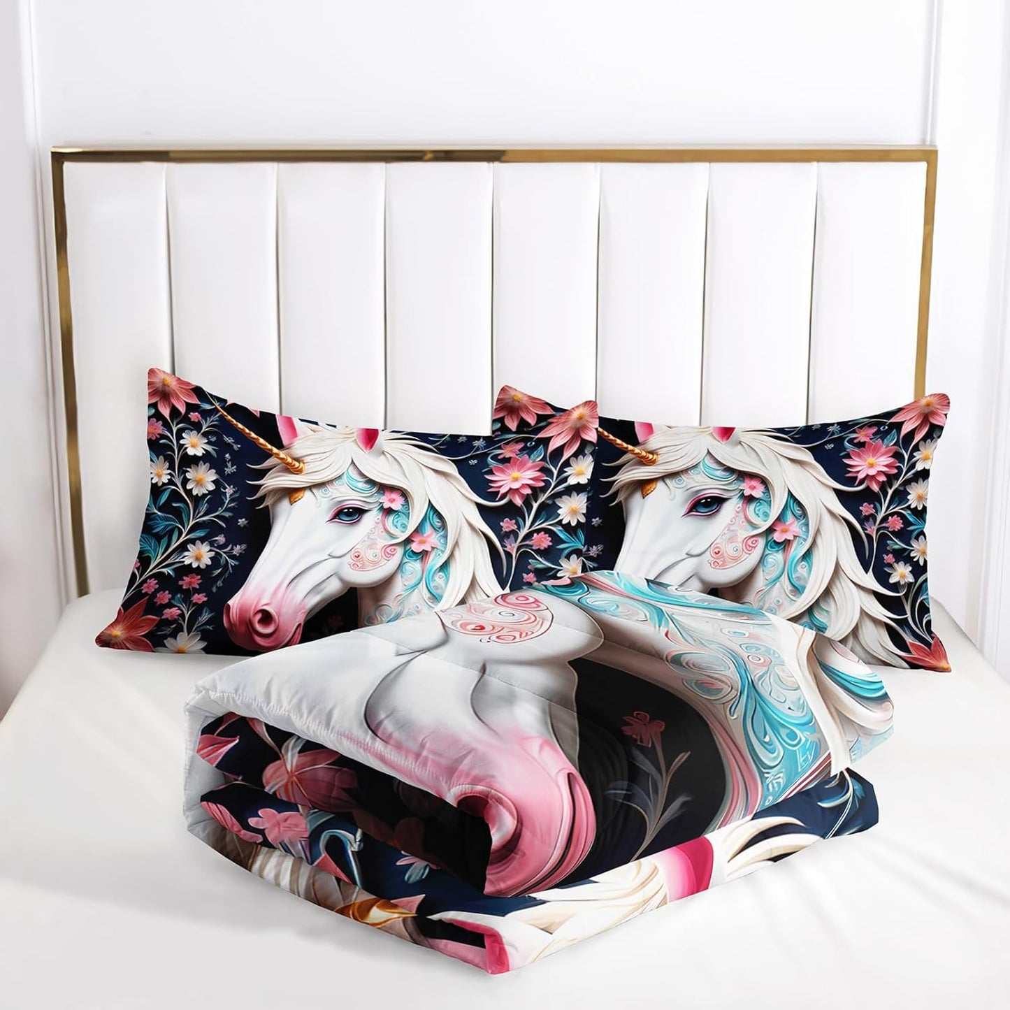 White and Pink Unicorn Flower Queen Size Comforter Set for Girls，Kids Queen Size Unicorn Bedding Sets for Girls，with 1 Comforter with 2 Pillow Case