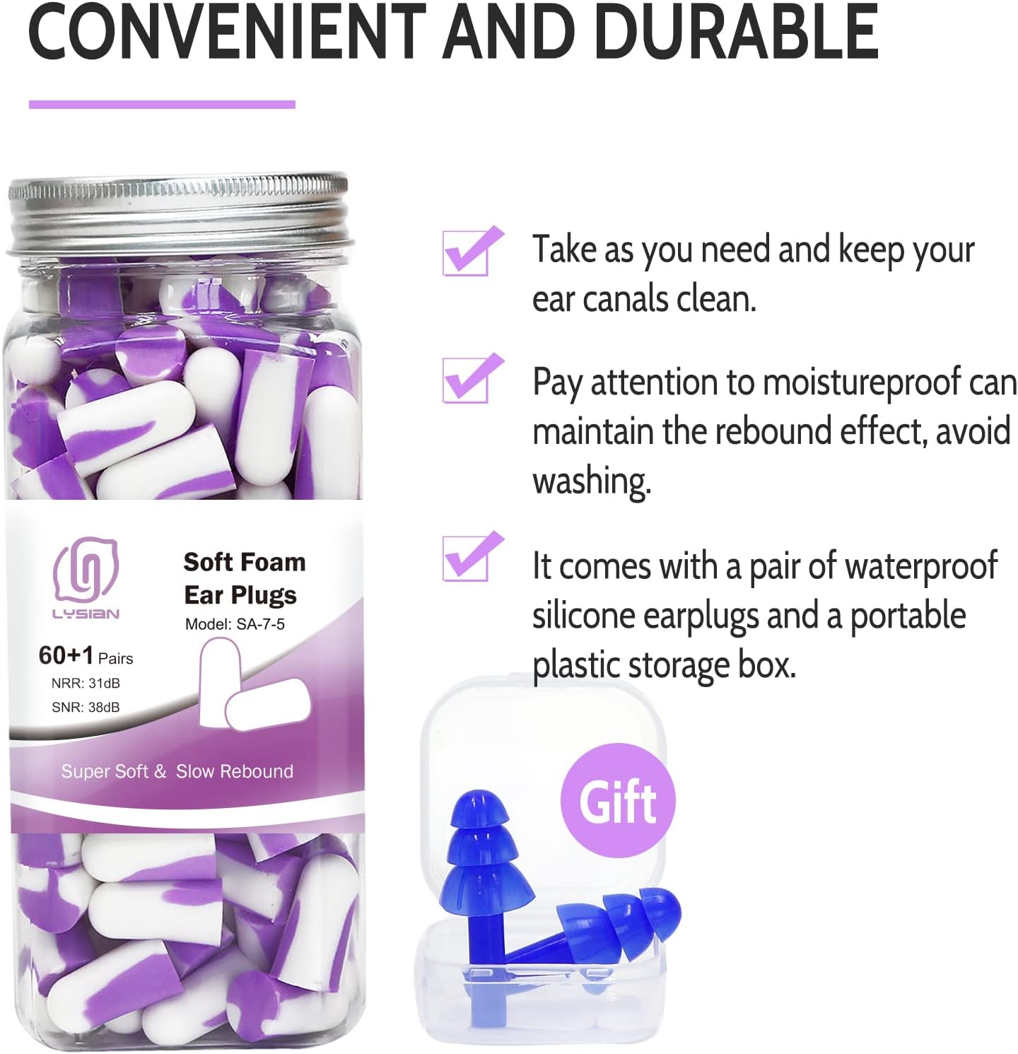 LYSIAN Ultra Soft Foam Ear Plugs Sleeping-Noise Cancelling Earplugs 38dB SNR - Sleep Ear Plugs Noise Reduction for Snoring, Mowing, Shooting Sound Block,Double Color Purple/White