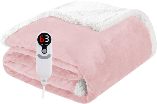 Electric Heated Blanket Throw Size 50"x60", Soft Flannel with Overheat Protection, 6 Adjustable Heat Settings & 3-Hour Auto-Off Timer, Fast Heating for Winter Comfort, Pink