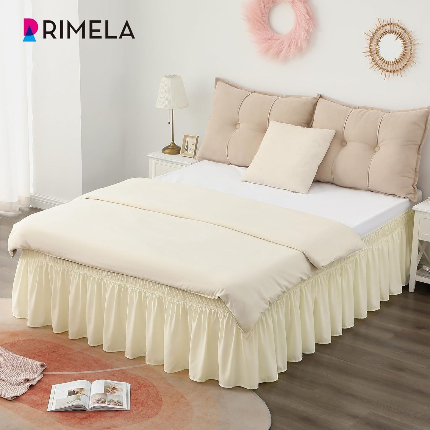 RIMELA Cream Yellow Bed Skirt Full Size 15 Inch Drop, Elastic Bed Skirting for Bed Base and Frame, Bedding Dust Ruffle Easy to Install, Lightweight Wrap Around Adjustable Bedskirt