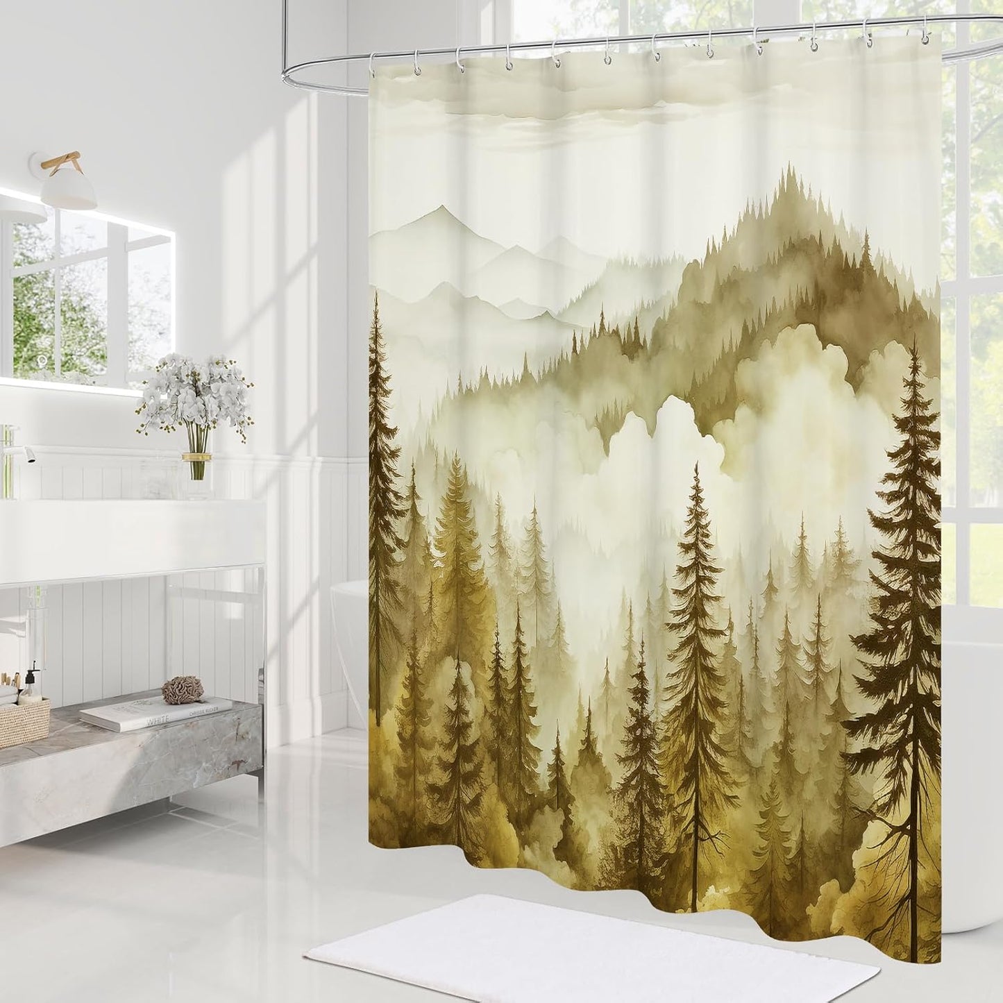 Yellow Extra Long Misty Pine Forest Shower Curtain 72 x 84, XL Mountain Foggy Woodland Scenery Tree Shower Curtains for Bathroom, Abstract Waterproof Nature-Themed Decor