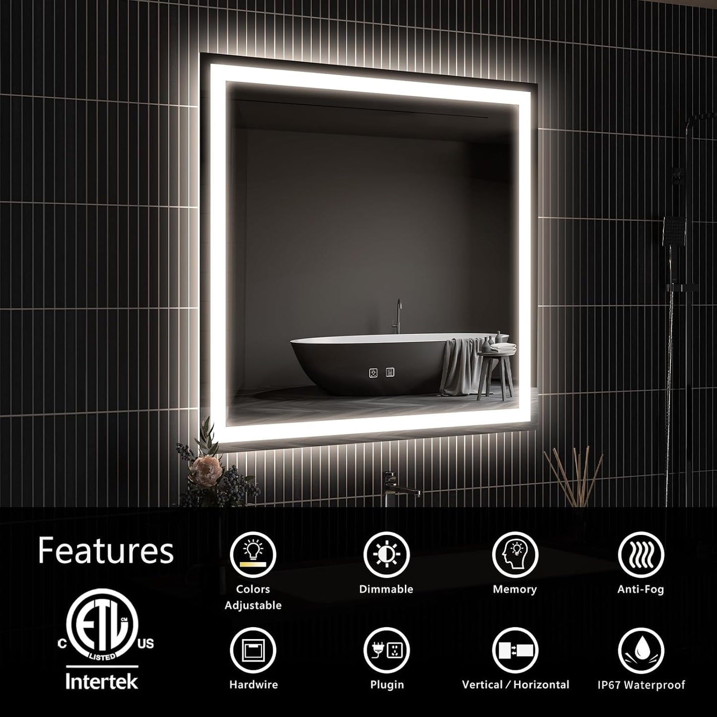 APRILSOUL 36x36 Inch LED Bathroom Mirror with Front and Backlit, Makeup Mirror with 3 Color Lights, Memory Function, Anti-Fog and Dimmable Light (Horizontal)
