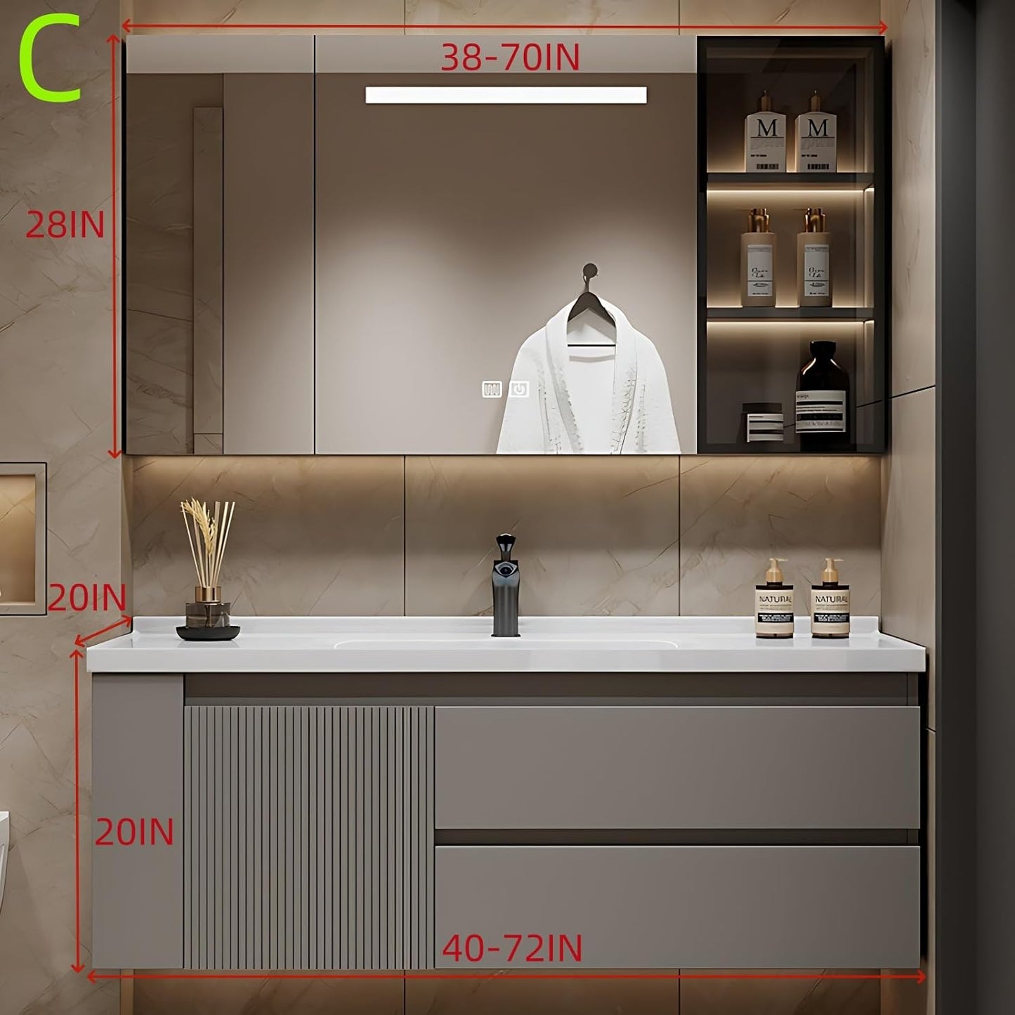 48IN Suspended Bathroom Cabinet Combo Set - Fully Functional LED Mirror Vanity with Smart Defogging & Time Display | Bathroom Vanity with Sink,Side Cabinets Storage Compartment (Style C)
