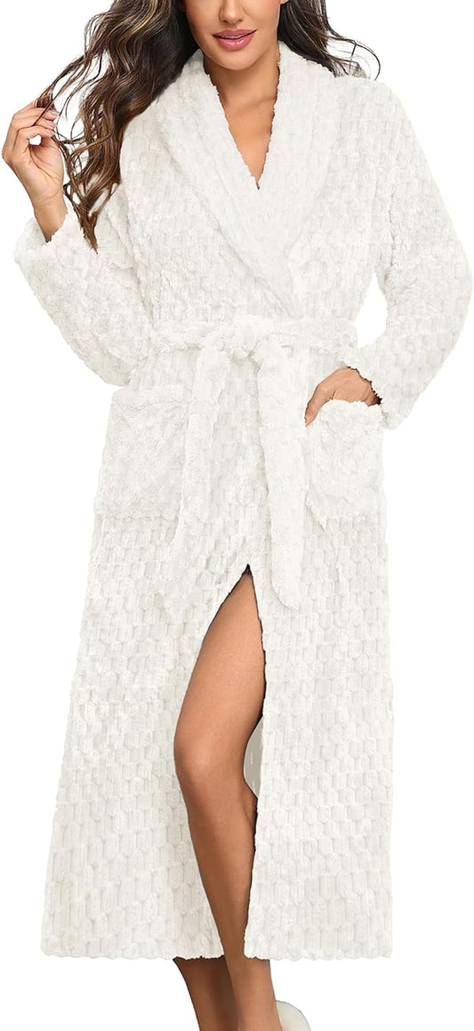 Ekouaer Women's Robe Long Plush Soft Bathrobe Jacquard Color Block Robes Shawl Collar Sleepwear with Pockets S-XXL