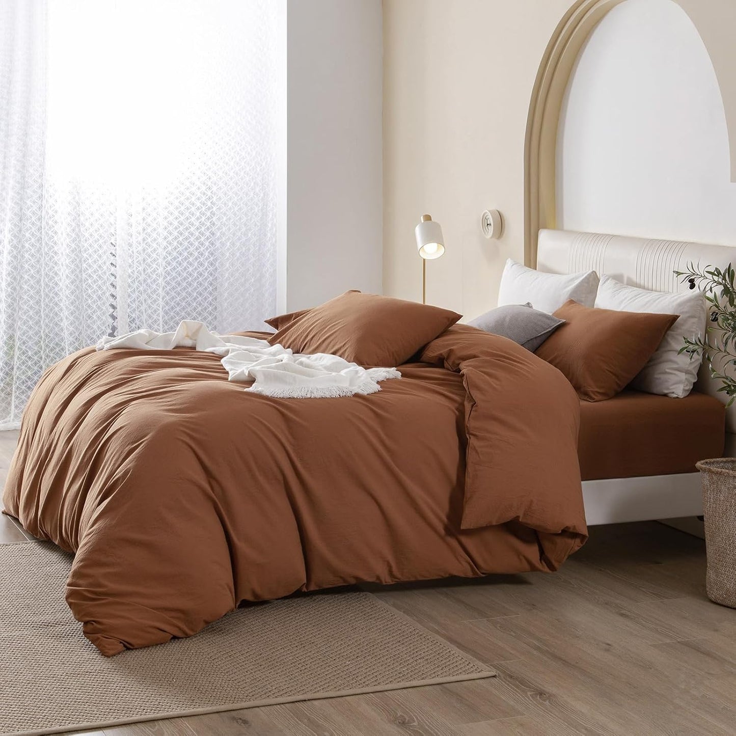 JIYUAN 100% Washed Cotton Duvet Cover Set 2 Pieces Twin, 1 Duvet Cover 68x90 Inches(Comforter Not Included) and 1 Pillowcases,Linen Feel Bedding Set Comfy and Breathable,Burnt Orange