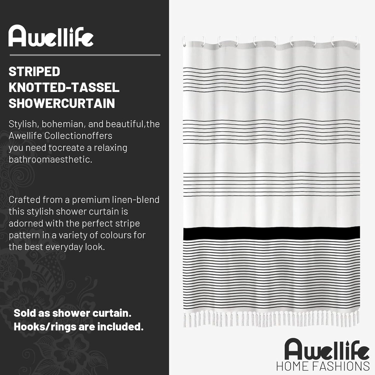 Awellife Black Boho Stripe Shower Curtain for Bathroom with Tassel 72 X 72 Farmhouse Cotton