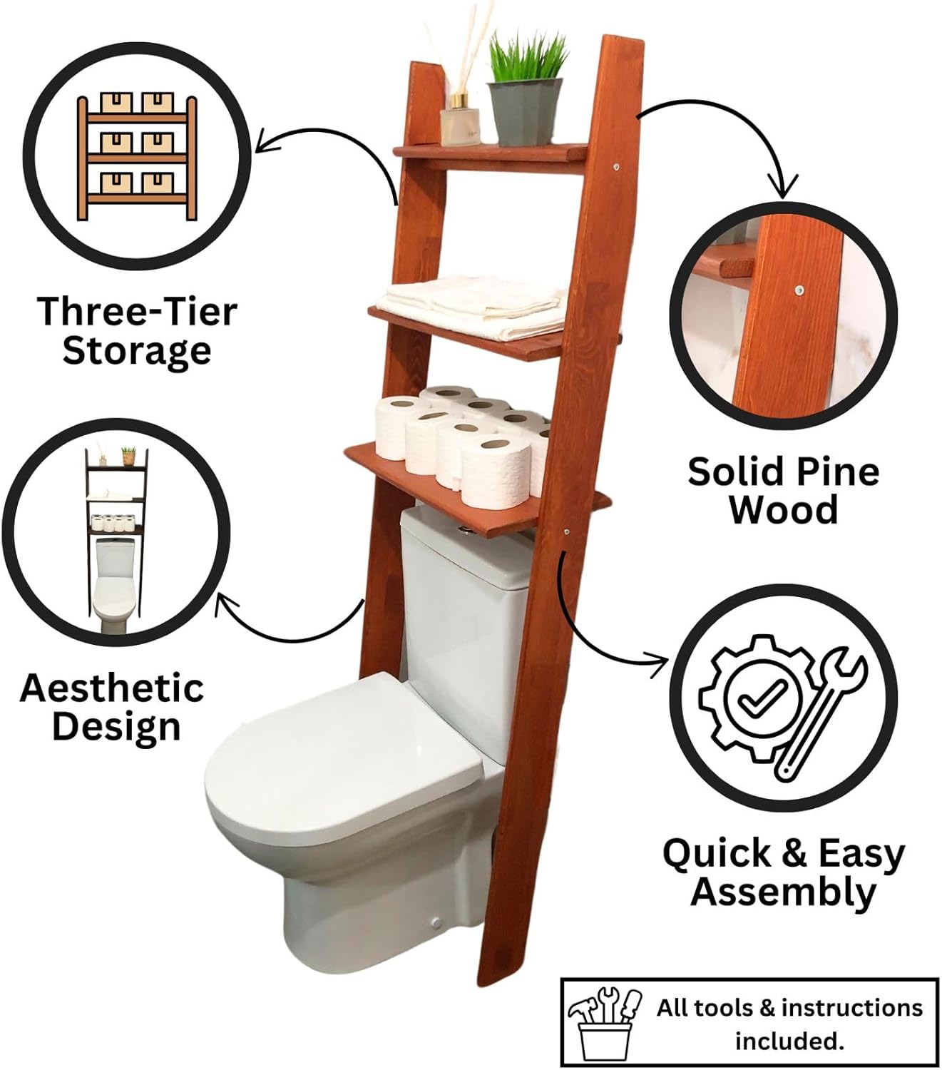 Over The Toilet Birch Wood Bathroom Organizer Shelves, 3-Tier Freestanding Above Toilet Storage Ladder Shelf, Standing Space Saver Behind Toilet Small Bathroom Organizer (Walnut)