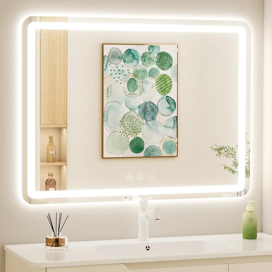 40" x 30" Led Bathroom Mirror with Lights, Anti-Fog & Tri-Color Lighting - Wall Mounted Shaving Mirror with Touch Sensor, Waterproof & Smart LED Vanity Mirror,Tempered Glass, Dimmable Smart Mirror