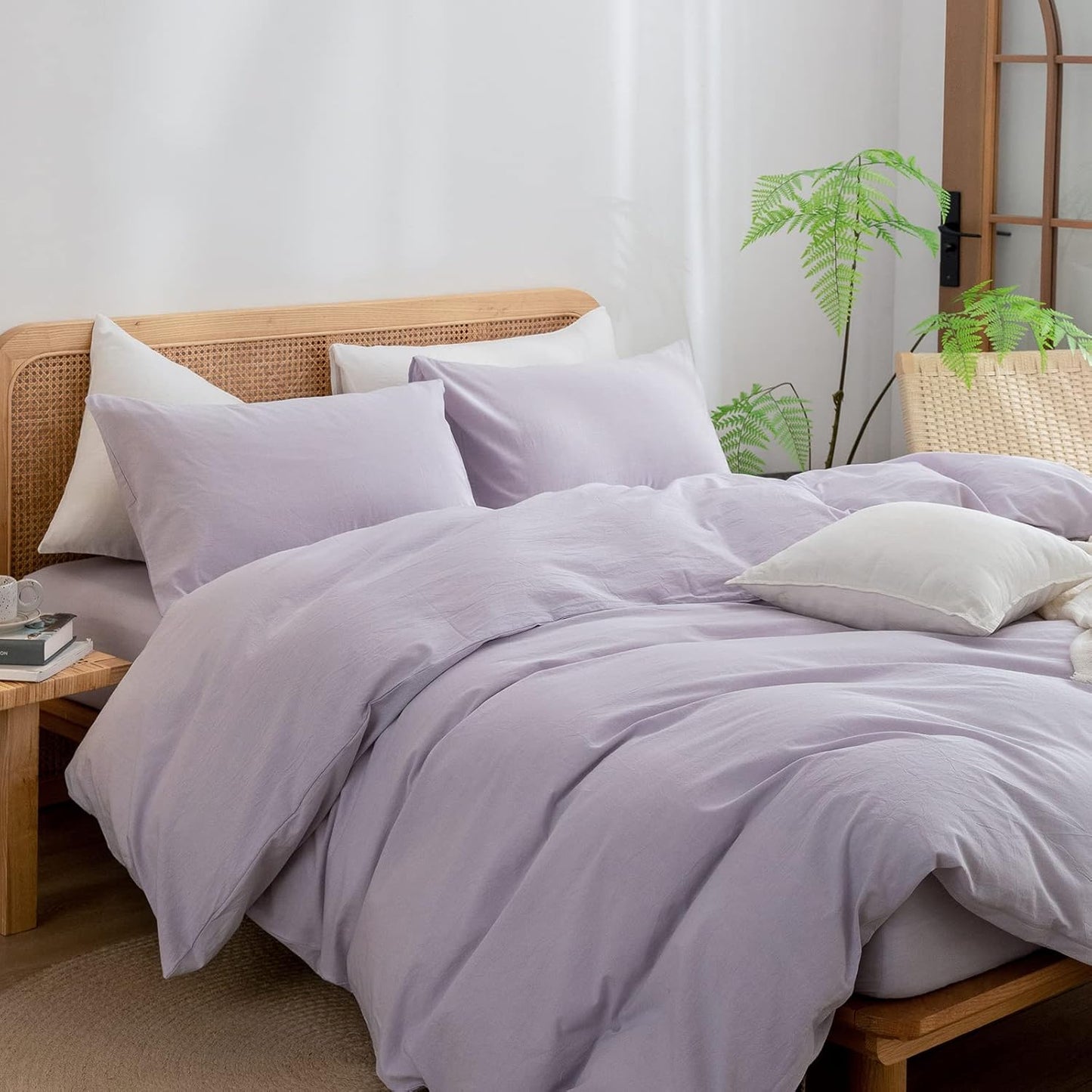 BESTOUCH Duvet Cover Set 100% Washed Cotton Linen Feel Super Soft Comfortable Chic Lightweight 3 PCs Home Bedding Set Solid Taro Purple King