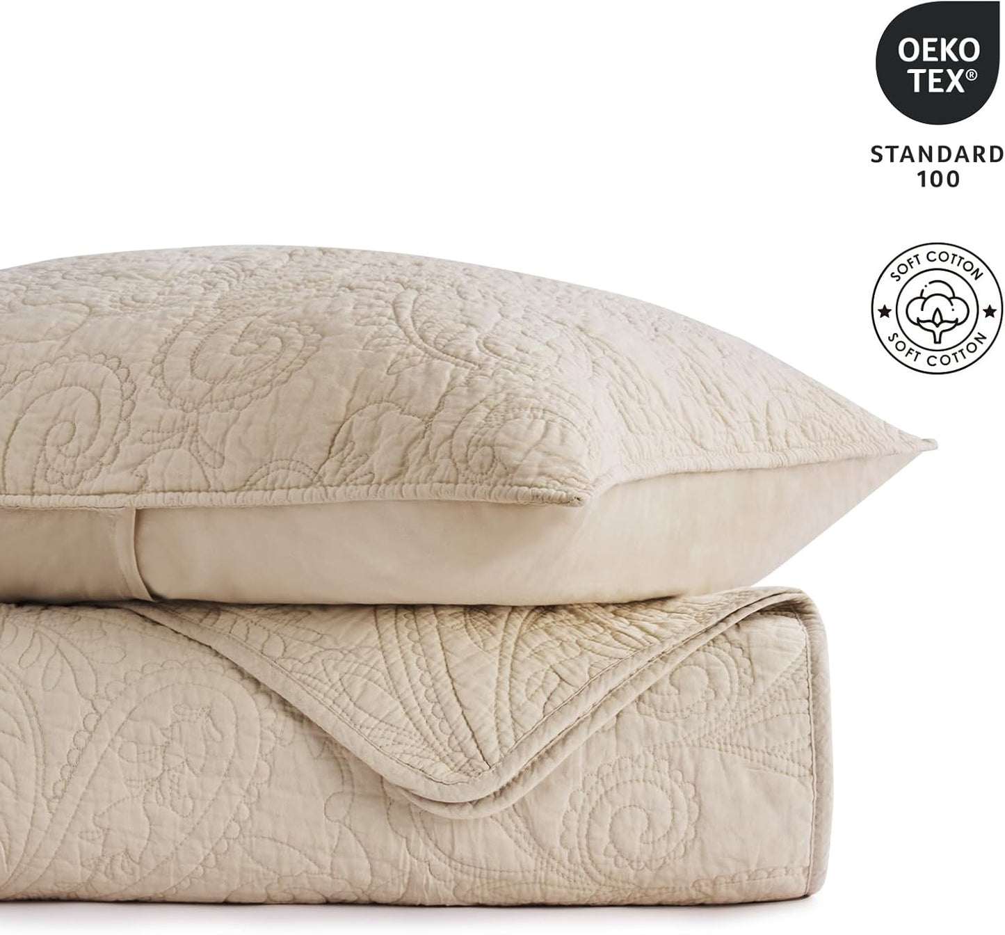 EVERGRACE 100% Cotton Paisley Quilt Set, Oversized King 3 Piece Set – Prewashed Lightweight Bedspread with 2 Shams, Soft & Breathable Matelasse Coverlet for All-Season Comfort, Flax Beige