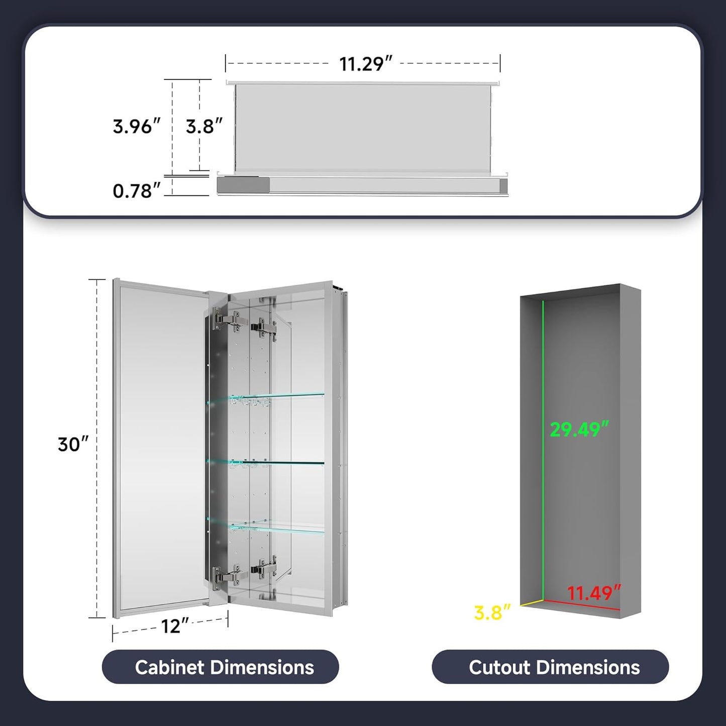 Medicine Cabinet 12" x 30", Bathroom Medicine Cabinet with Mirror, Recessed Medicine Cabinets with Adjustable Shelves, Soft-Closing Door, and Aluminum Alloy Frame - Reverse Installation, Silver