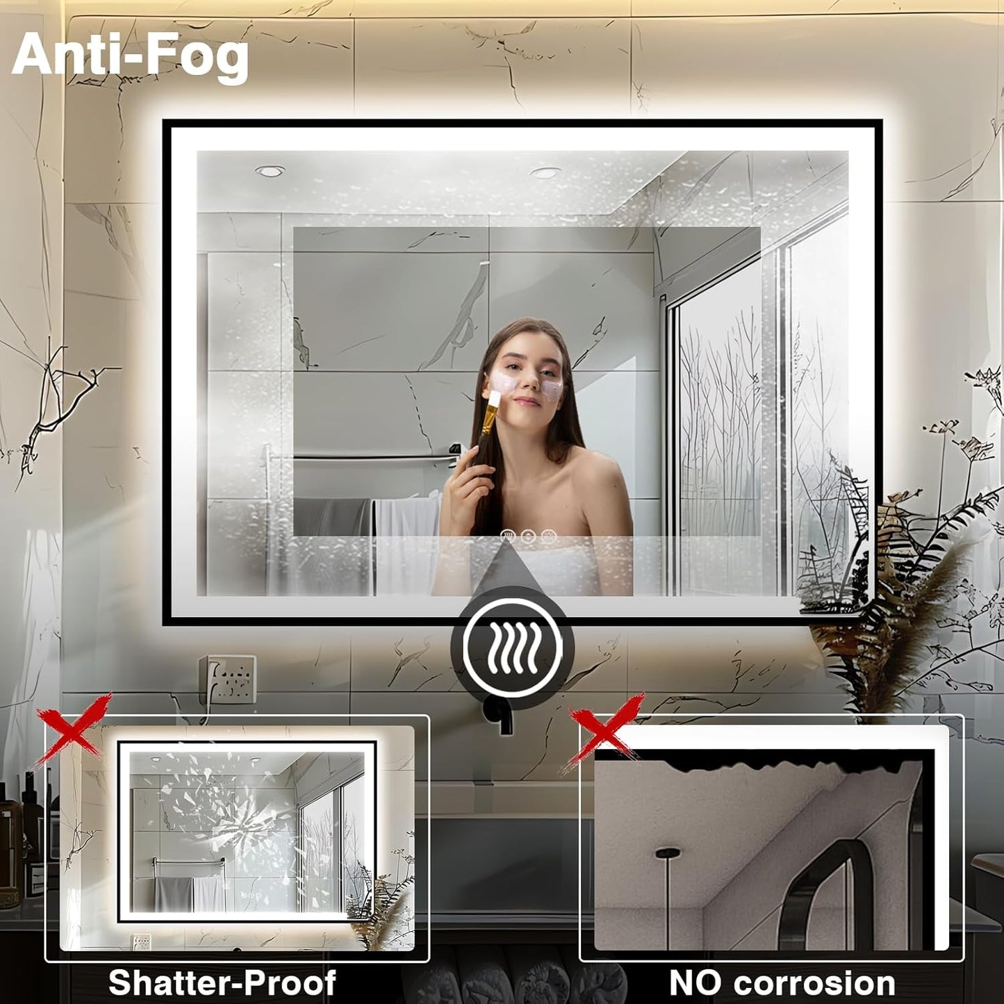 55x40 Bathroom Mirror with LED Lights - Black Framed, Front and Backlit Mirror, Anti-Fog LED Vanity Mirror, 3 Colors and Dimmable Mirror, Waterproof, Corrosion Proof (Horizontal/Vertical)