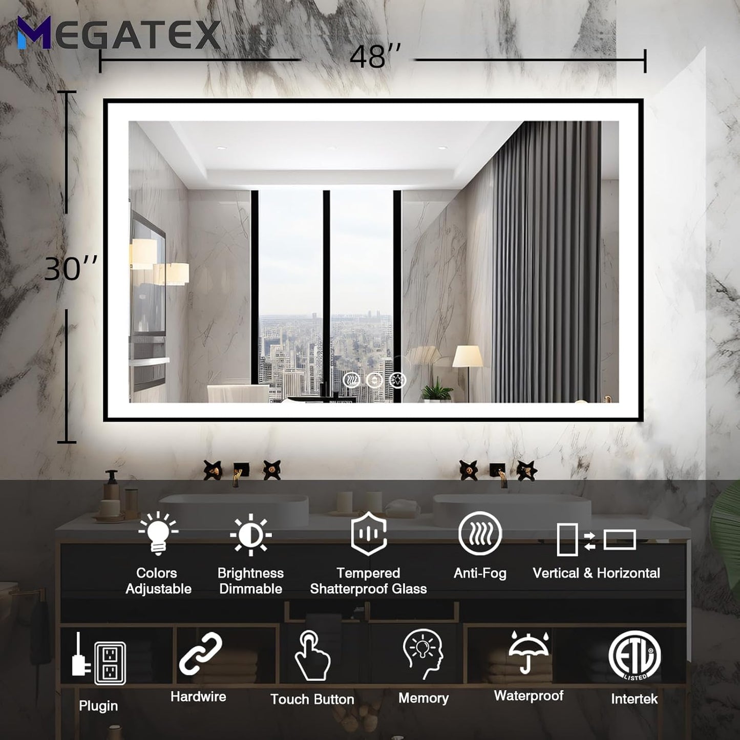 48x30 Lighted Mirrors for Bathroom Wall, Modern Rectangle Matte Black Mirror, Tempered Glass，Double Lights, 3 Colors Dimmable Temperature, IP54 Enhanced Anti-Fog, Memory (Horizontal/Vertical)