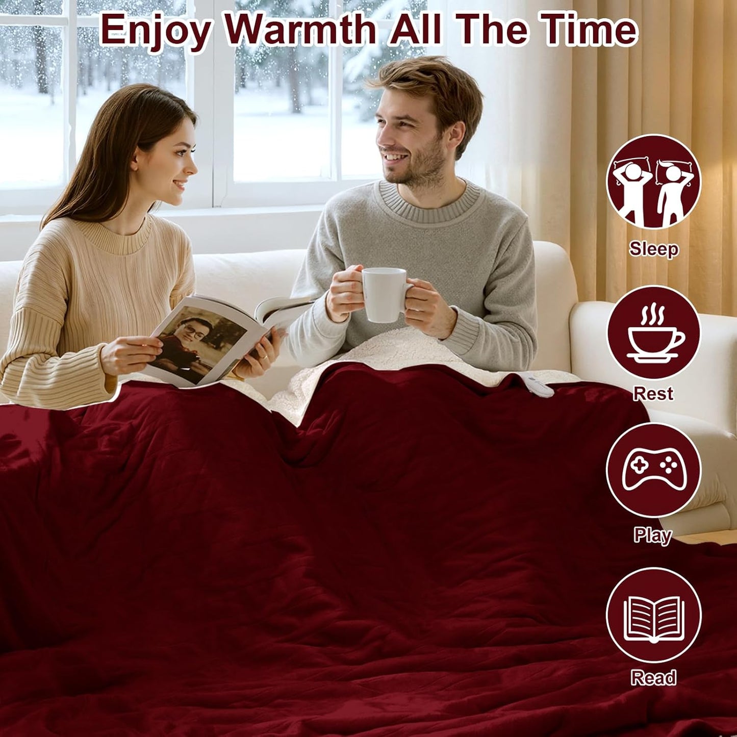 Queen Size Electric Blanket for Bed - 84" x 90" Dual Control Heated Blanket with 10 Hrs Auto Off, 5 Heating Levels, Over-Heat Protection, Washable Flannel Sherpa Heating Blankets, Red
