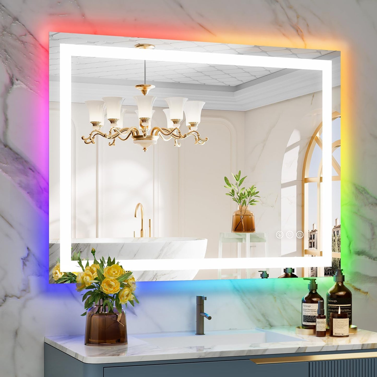 40x30 Inch RGB LED Bathroom Mirror Front Light and RGB Backlit Lighted Vanity Mirror for Bathroom Wall Mounted Dimmable Anti Fog Memory Shatter-Proof IP54 Waterproof Horizontal/Vertical