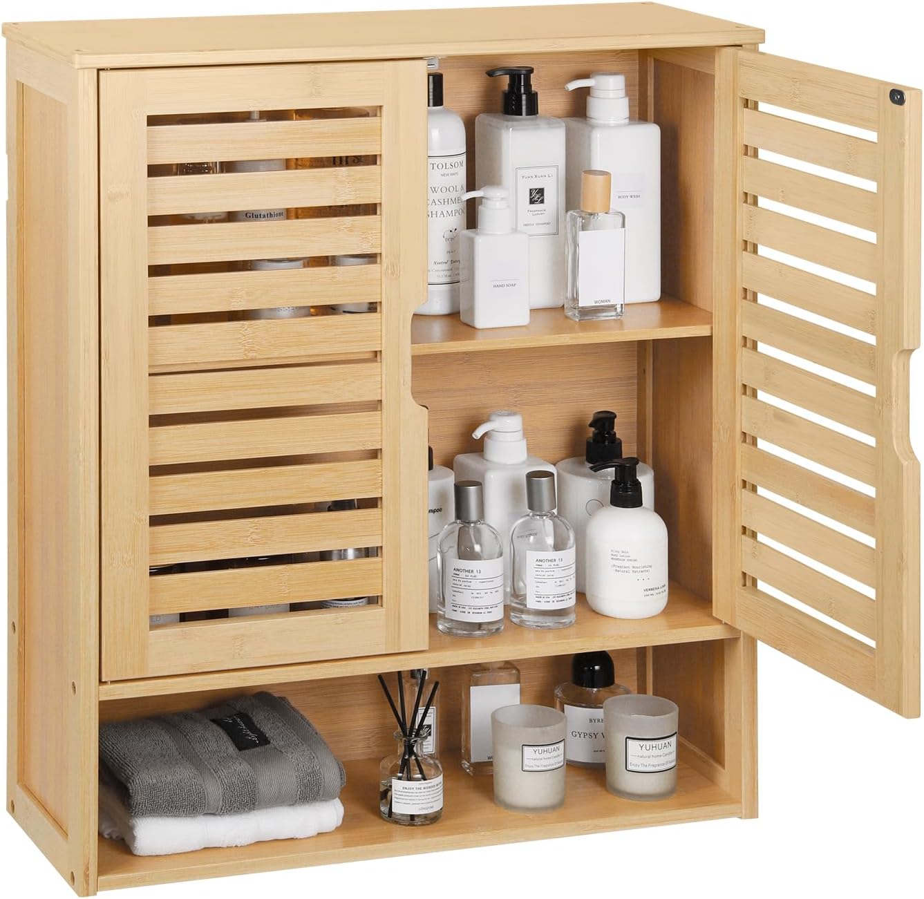 HYNAWIN Bathroom Wall-Mounted Medicine Cabinet - Over-The-Toilet Floating Bamboo Storage Organizer with Adjustable Shelf, Space-Saving for Kitchen, and Living Room