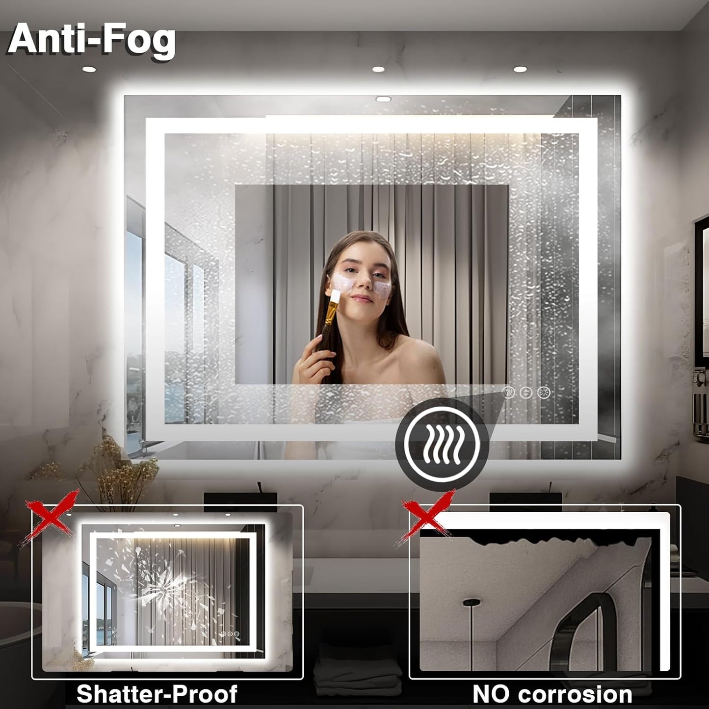 48"x40" LED Lighted Bathroom Mirror with Front Light and Backlit, Anti-Fog Bathroom Mirror with Lights, Stepless Dimmable LED Mirror, 3 Colors Smart Mirror (Horizontal/Vertical)