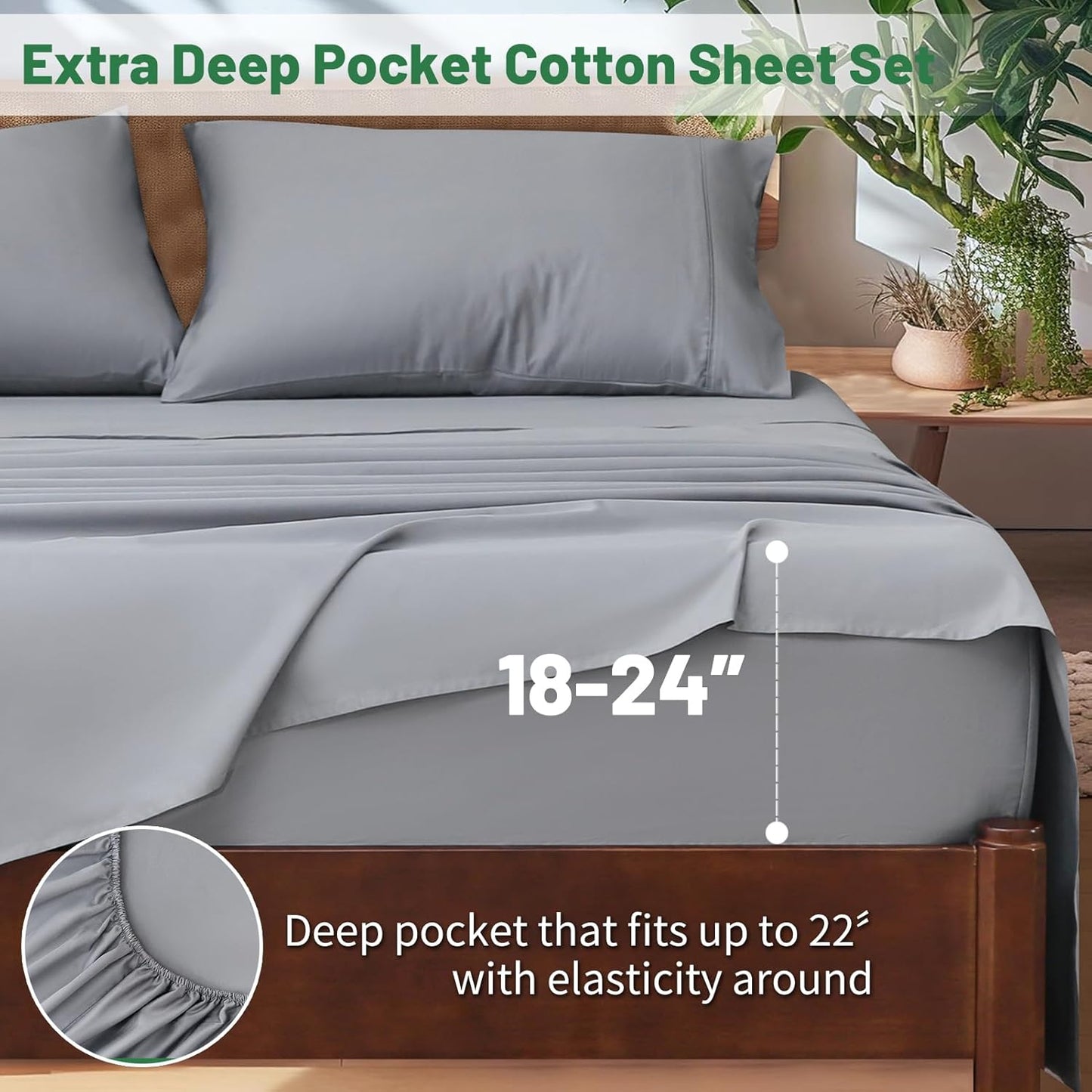 Extra Deep Pocket California King Sheets 18-24 Inch 1000 Thread Count 100% Egyptian Cotton Sateen Weave Soft Breathable 4 Pieces（California King,Grey）