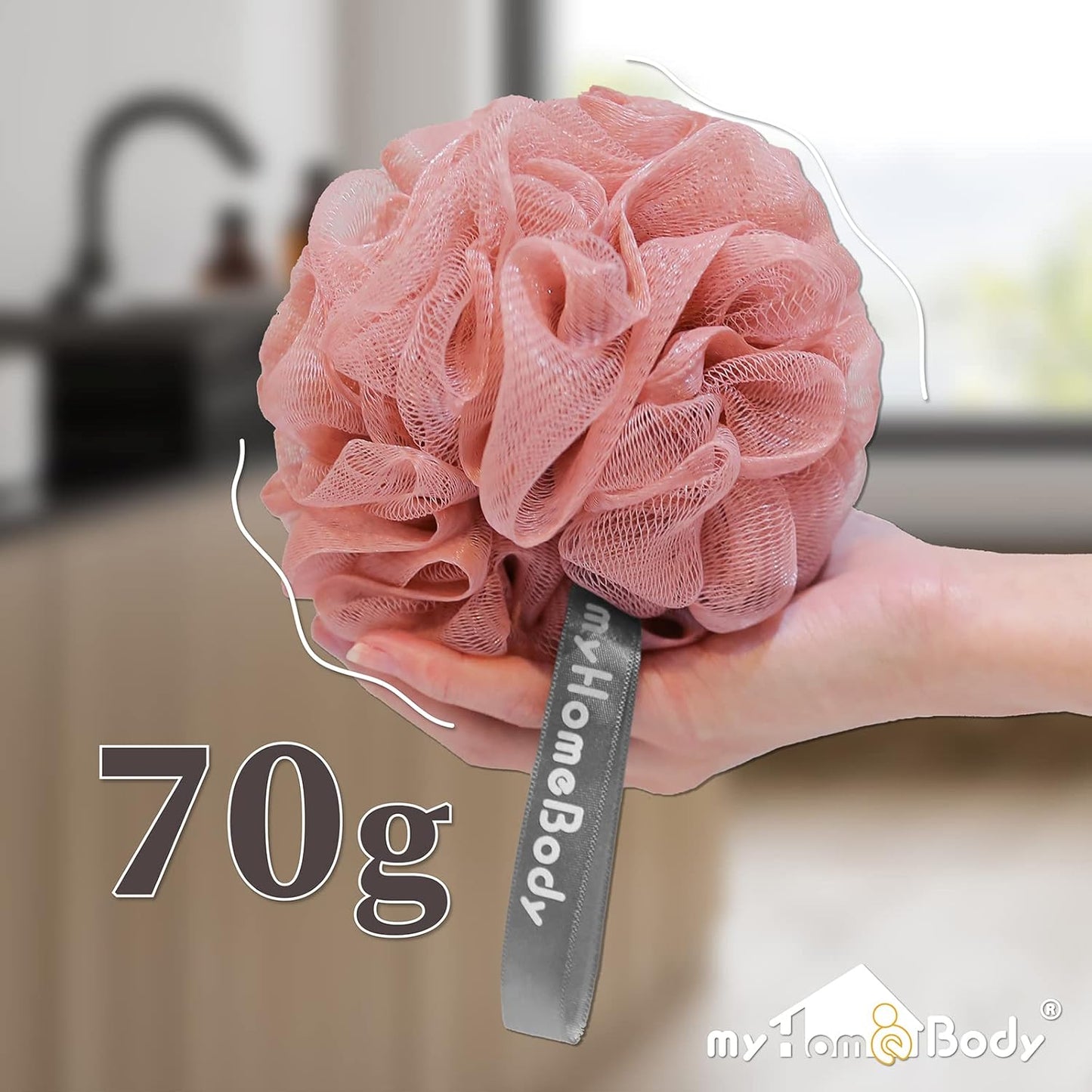 myHomeBody Large 70g Loofah Sponge, Body Scrubber, Bath Sponge, Loofah for Women, Men, Exfoliating Sponge Shower Pouf with Activated Charcoal - 2 Peach + 1 Coral Red, 3 Pack