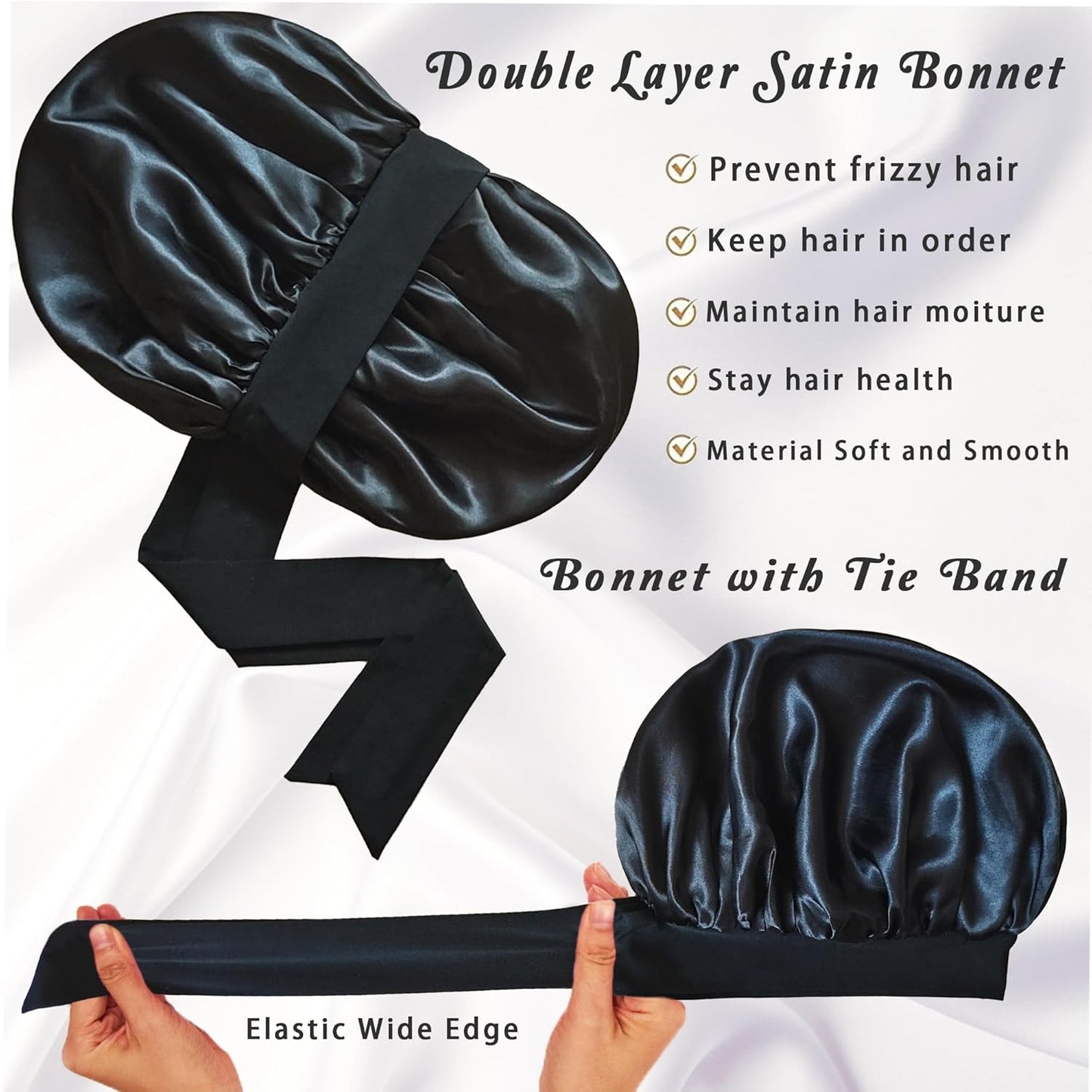 Bonnet with Tie Band, Satin Hair Silk Bonnet for Sleeping Women, Sleep Bonnets for Women, Double Layer Sleep Cap for Curly Hair Braids