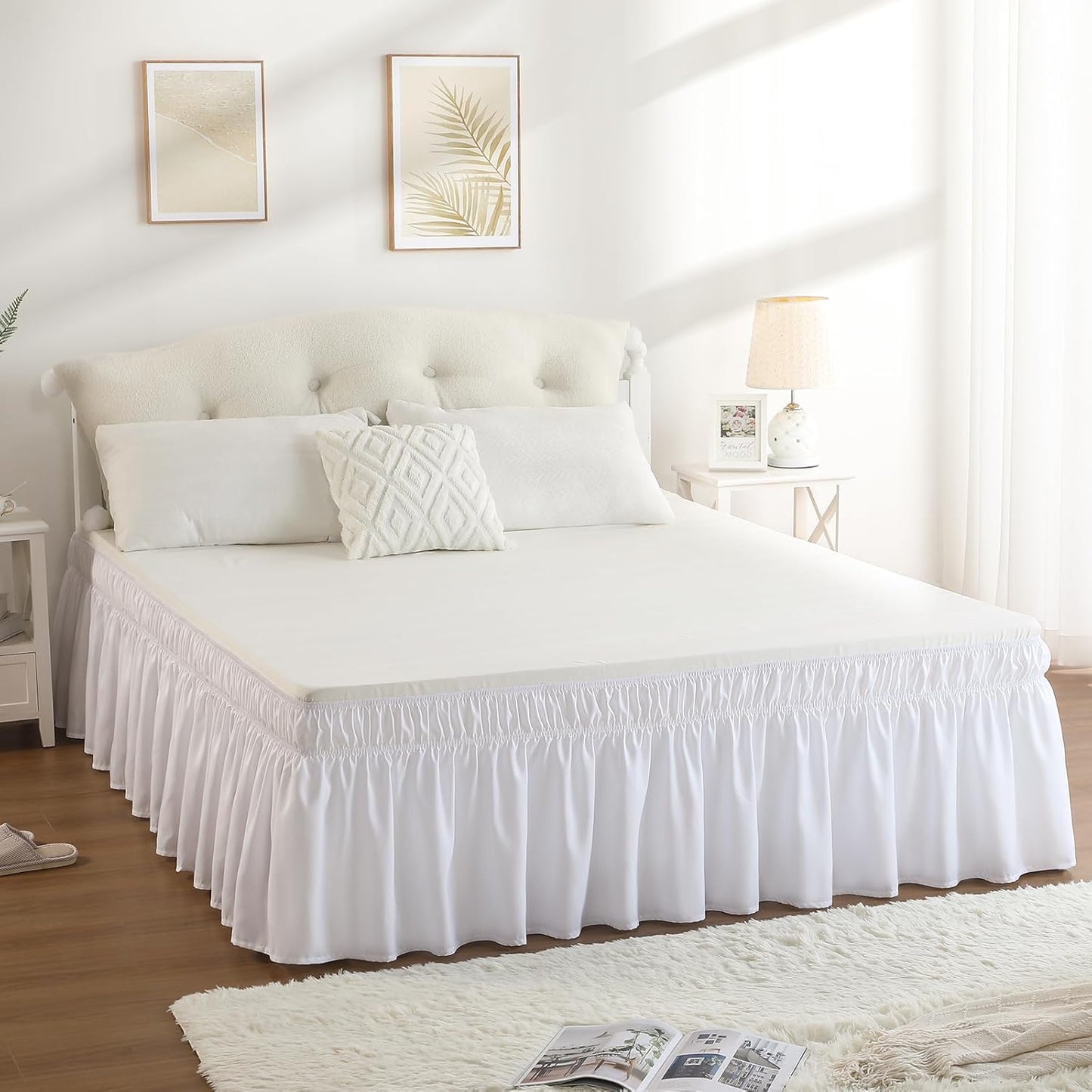 RIMELA Queen Bed Skirt 14 Inch Drop White, Wrap Around Elastic Bed Skirts Queen Size Dust Ruffle, Bedskirt for Adjustable Bed Base Solid Silky Fabric Machine Washable Easy to Install