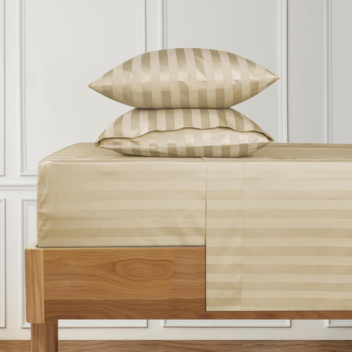 URBANHUT 1000 Thread Count Damask Striped Full Size Egyptian Cotton Sheets, Long Staple Soft & Breathable, 4 Pc Bed Sheet Sets, Luxury Hotel Sateen Sheets Fits 16" Deep Pocket - Sand
