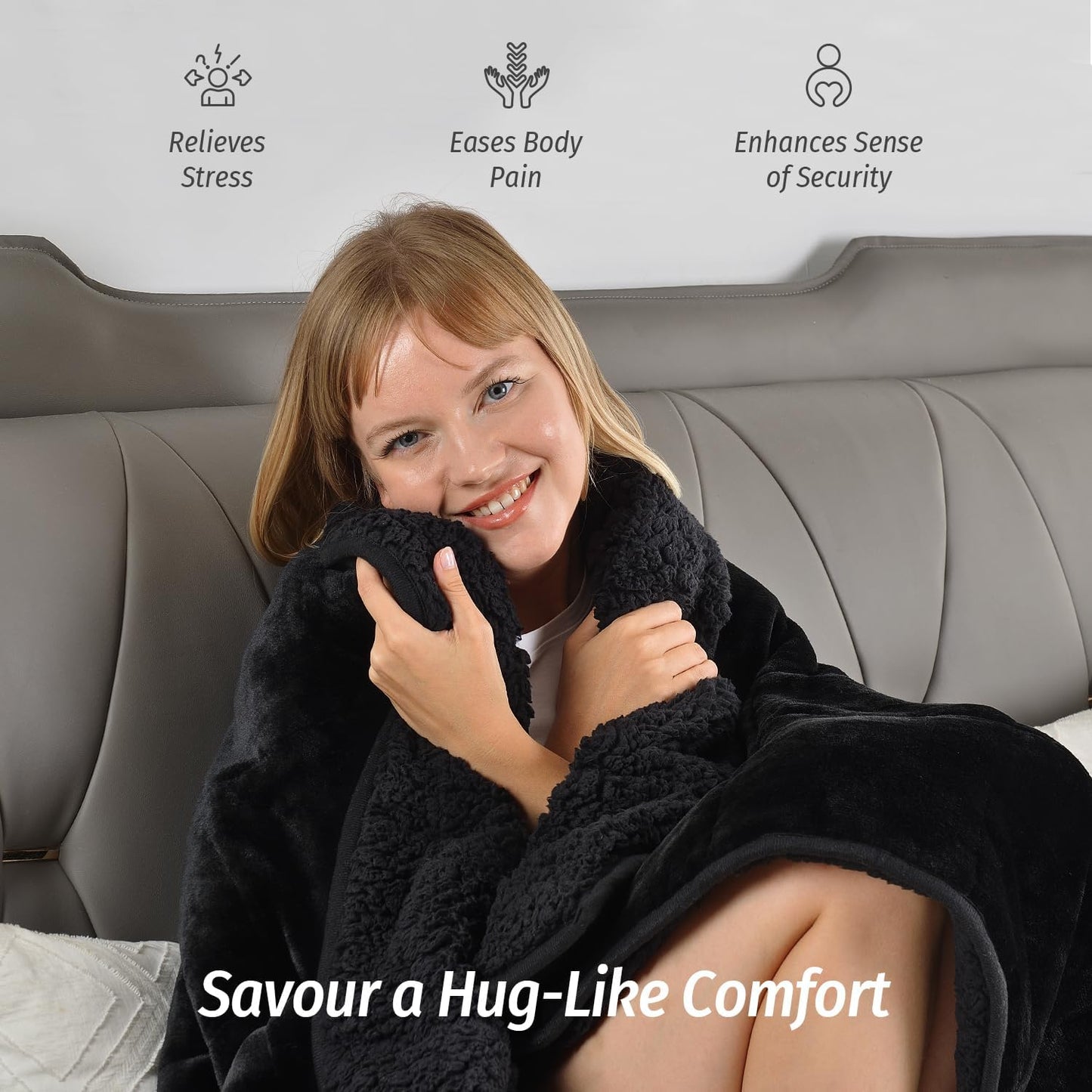 Wemore Sherpa Fleece Weighted Blanket for Adult 15 lbs Dual Sided Cozy Fluffy Heavy Blanket,Ultra Fuzzy Throw Blanket with Soft Plush Flannel Top,48 x 72 inches,Black on Both Sides