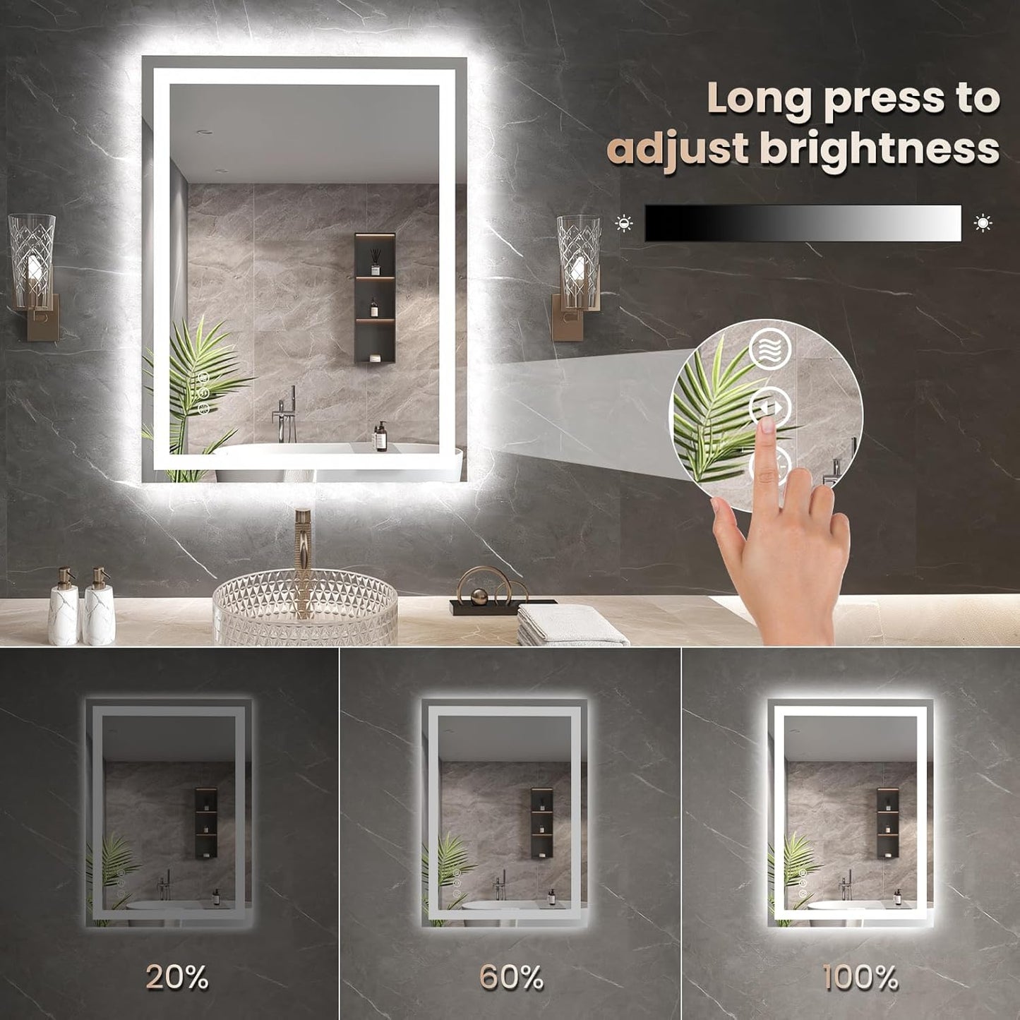 24"X36" LED Bathroom Mirror with Front Lights and Backlit, Anti-Fog, Dimmable, Shatter-Proof Tempered Glass, Lighted Bathroom Vanity Mirror for Wall with 3 Colors, Memory Function