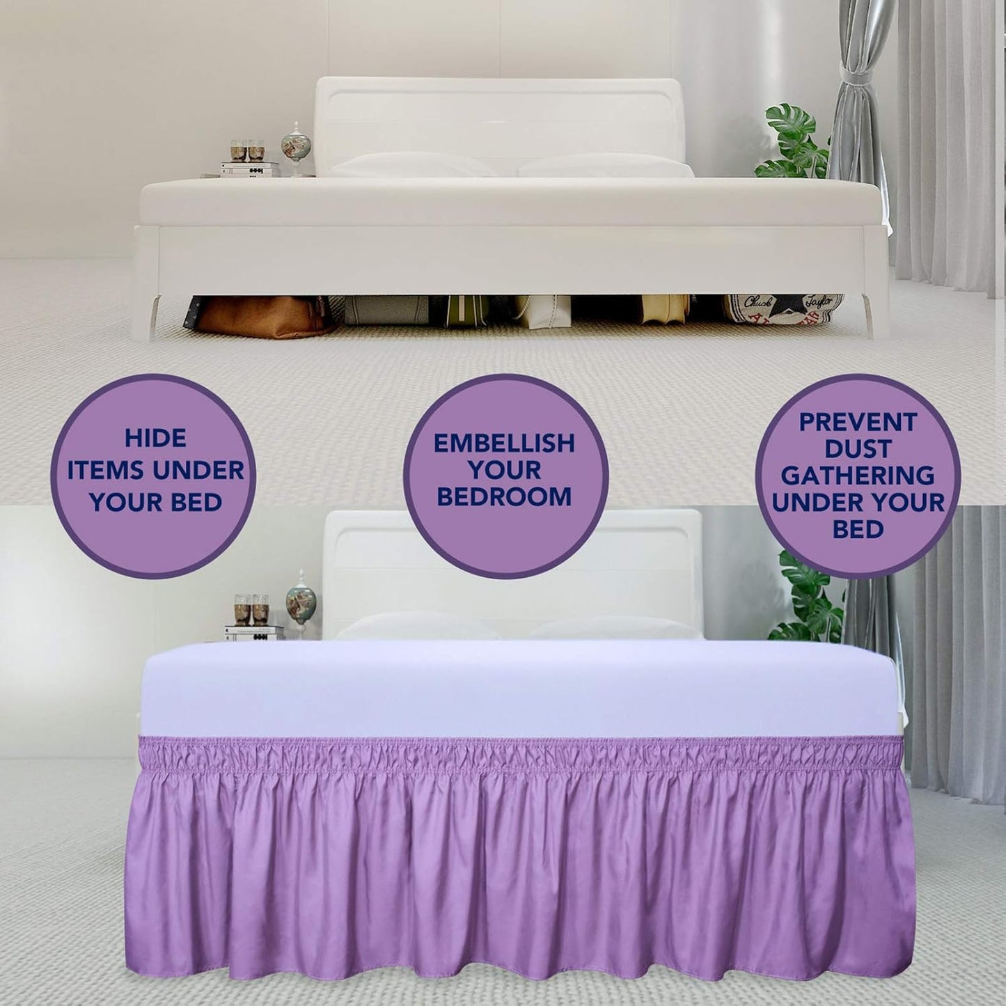 PureFit Wrap Around Ruffled Bed Skirt with Adjustable Elastic Belt - 18 Inch Drop Easy to Put On, Wrinkle Free Bedskirt Dust Ruffles, Bed Frame Cover for Queen, King and C-King Size Beds, Lavender