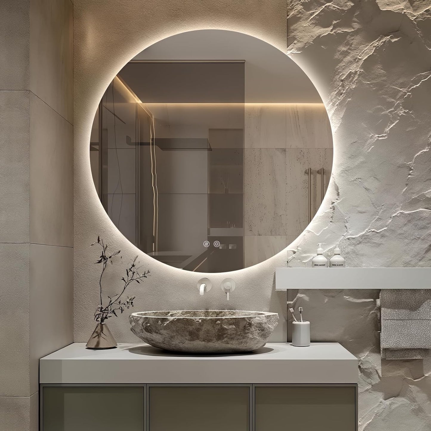 Round LED Mirror for Bathroom, 28" Circle Frameless Backlit Mirror with Lights, Wall Mounted Vanity Mirror, 3 Colors, Dimmable, Anti-Fog, IP65 Waterproof, Memory Function, UL Listed