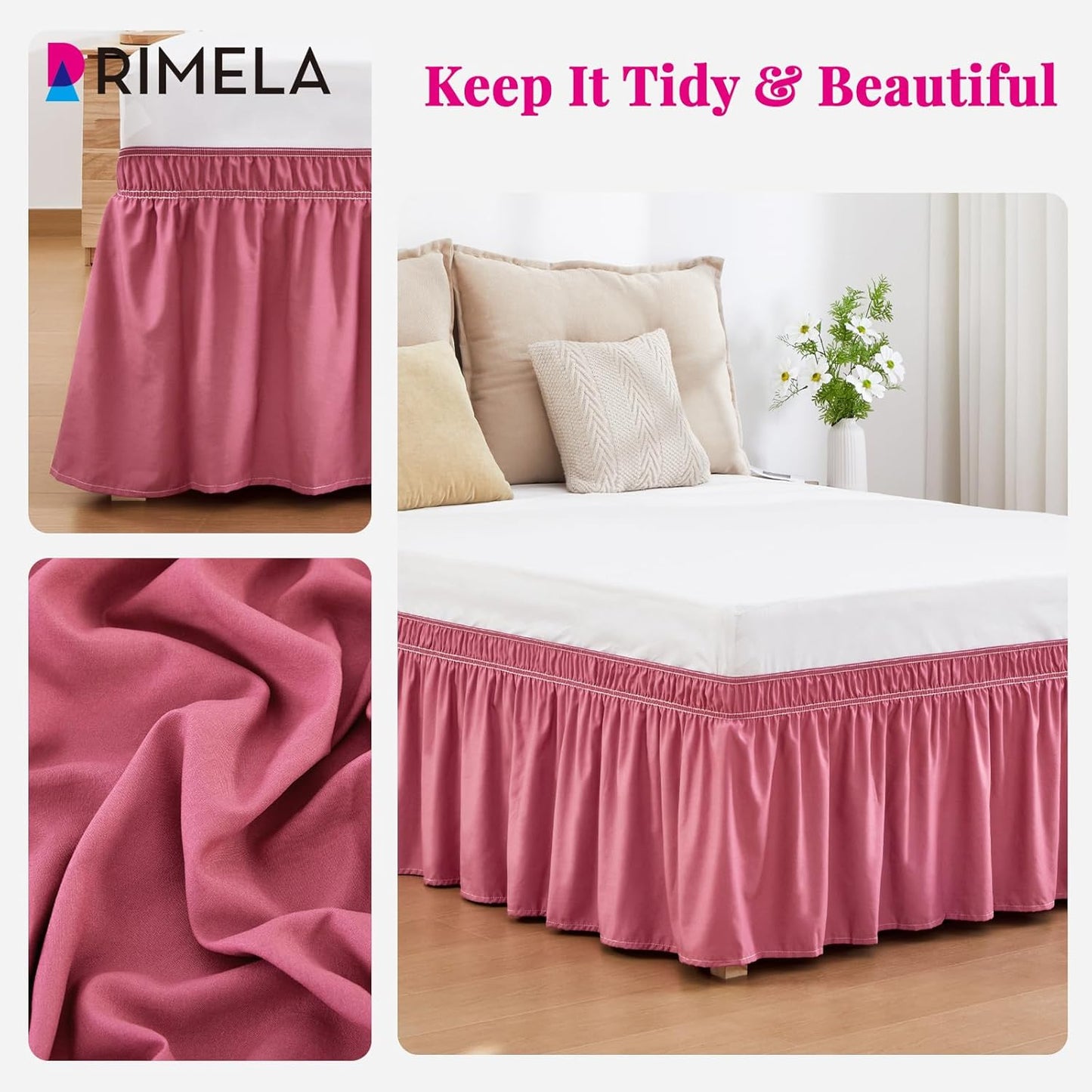 RIMELA Dusty Red Bed Skirt Queen Size 18 Inch Drop, Wrap Around Elastic Bedskirt, Dust Ruffle for Adjustable Bed Base Machine Washable Easy to Install Bed Skirts