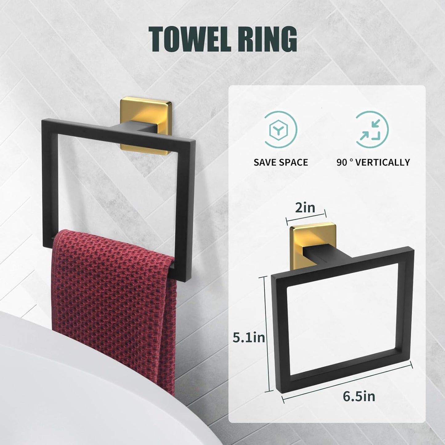 5 Piece Black and Gold Towel Bar Set - Gold and Black Bathroom Accessories with 2 Towel Hook, Stainless Steel Wall Mounted Bathroom Towel Rack Set - Square 16-Inch