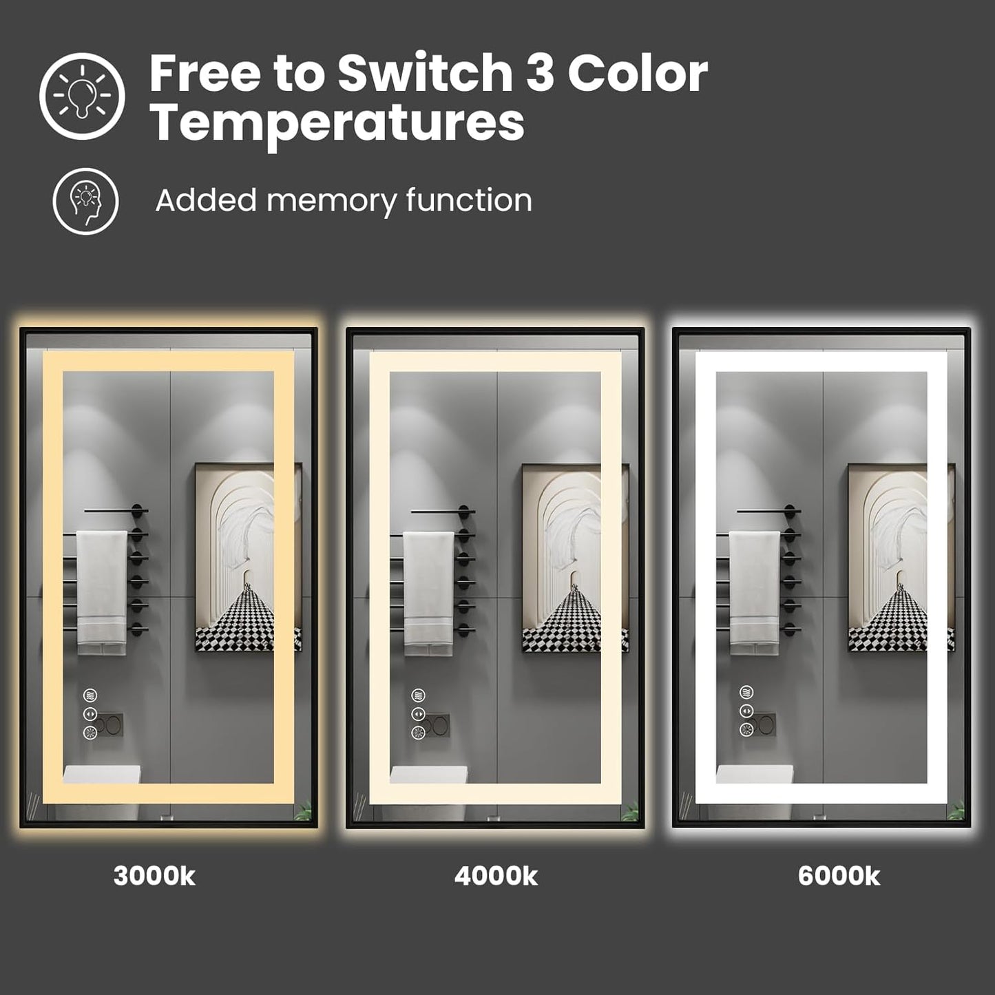 Amorho 28"X32" LED Bathroom Mirror with Black Frame, Front Light and Backlit, Stepless Dimmable, Anti-Fog, Shatter-Proof, Memory, 3 Colors, Double LED Vanity Mirror