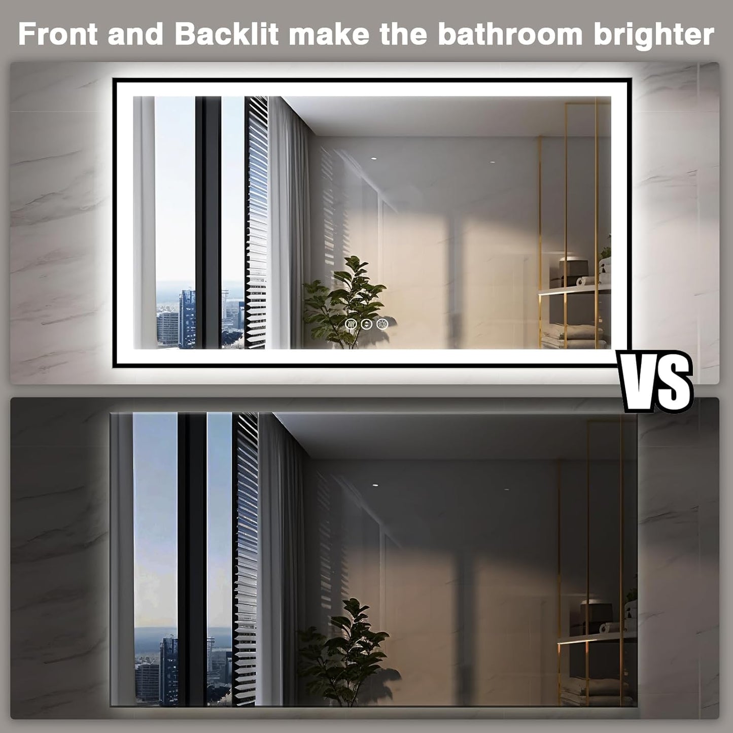 72x40 Large LED Bathroom Mirror with Lights -Black Aluminum Rimmed (Front and Backlit),Fogless Mirror with Lights,Stepless Dimmable Lighted Mirror,3 Colors Smart Mirror(Horizontal/Vertical)