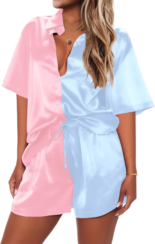 Ekouaer Pajamas for Women Set Silk Satin Pjs Shorts Sleepwear 2 Piece Loungewear S-XXL