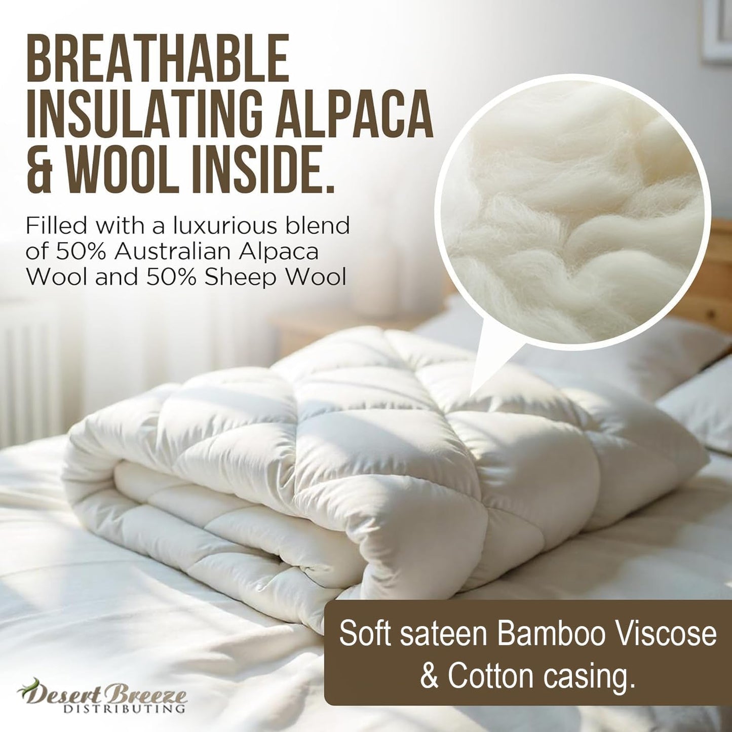 Desert Breeze Distributing Pure and Natural Australian Alpaca & Sheep Wool Comforter – Warm, Soft, Thick, Breathable Duvet Insert with Bamboo Viscose and Cotton Cover, Queen Size, 90x94 inches