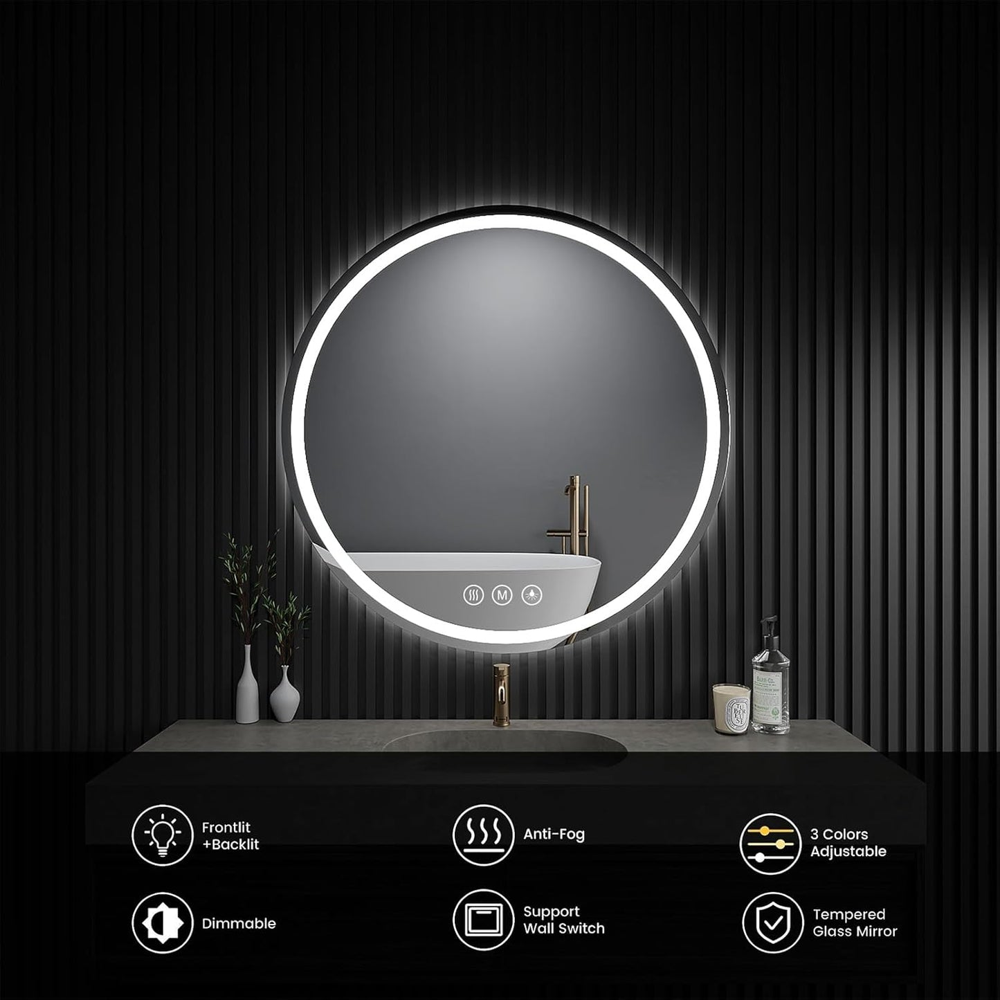 LED Bathroom Mirror 20 Inch Round Bathroom Mirror with Lights, Circle LED Mirror, Wall Mounted Lighted Bathroom with 3 Colors Brightness, Anti-Fog, Dimmable, Shatter-Proof