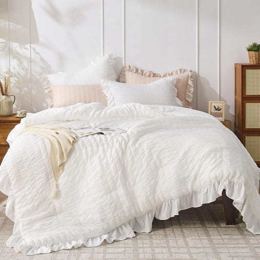 JOLLYVOGUE White Twin Size Comforter Set, 2 Pieces Seersucker Lightweight Fluffy Bedding Set, Twin Ruffle Comforter, All Season Soft Microfiber Shabby Chic Bed Set