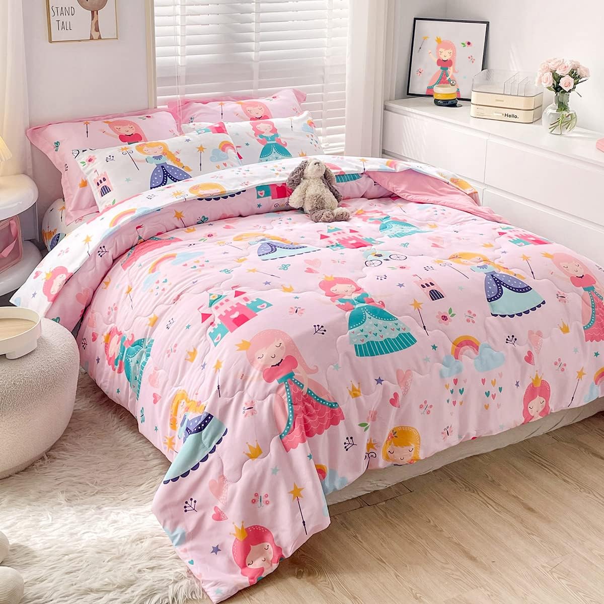 Wajade Kids Pink Princess Comforter Set Bed in a Bag Twin Size 7 Piece Princess Fairy Tales Castle Bedding Set for Girls (1 Comforter, 1 Flat Sheet, 1 Fitted Sheet, 2 Pillowcase and 2 Pillow Sham)